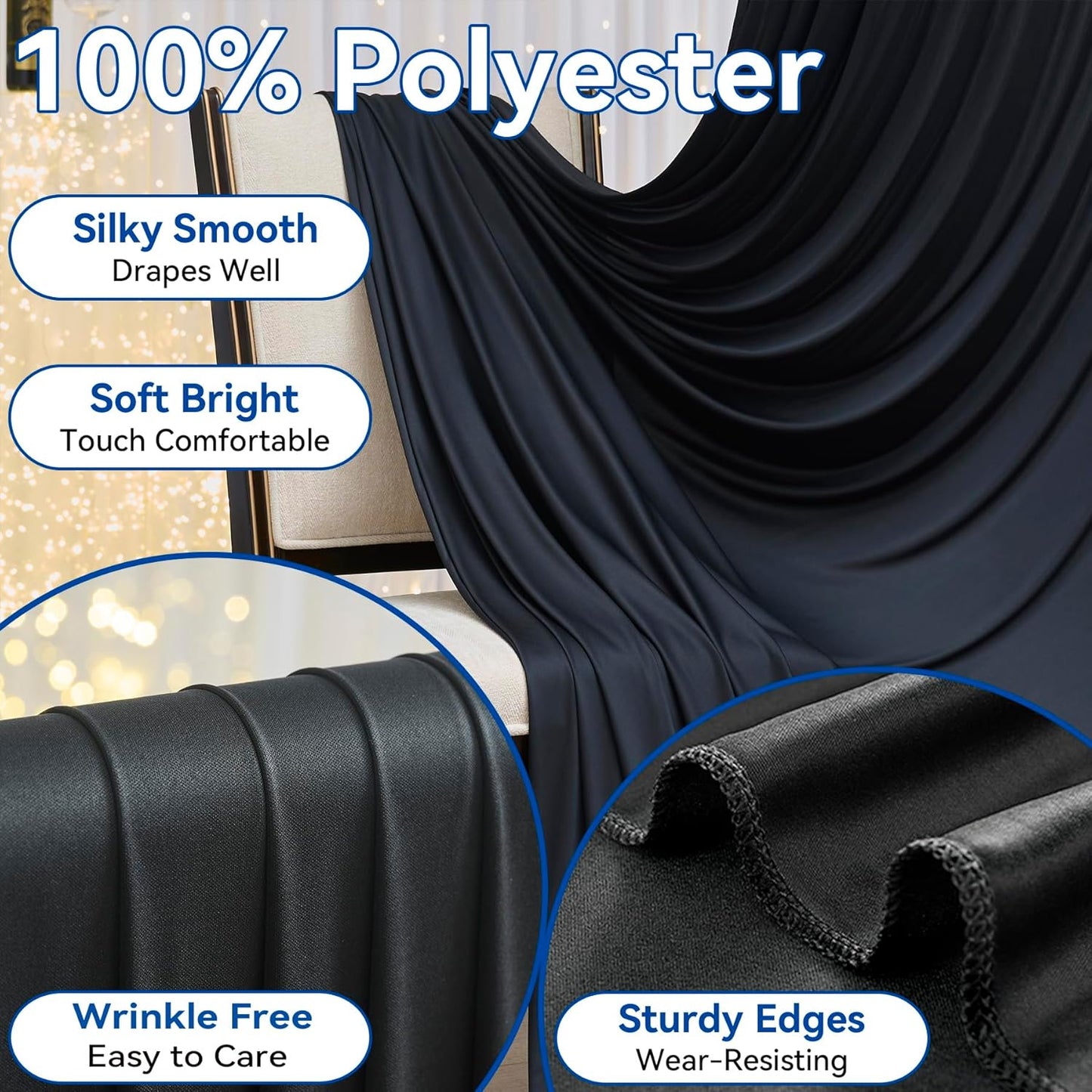 10x12ft Wrinkle Free Black Backdrop Curtain for Wedding Parties, 2 Panels 5×12 ft Long Soft Silky Polyester Fabric Backdrop Drapes Black Photo Back Drop Curtains for Party Photography Background Cloth