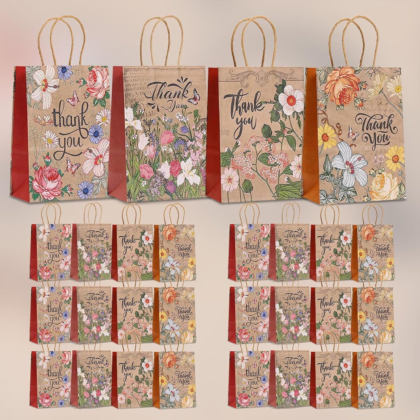 piqiya 24pcs Vintage Floral Gift Bags,Thank You Kraft Paper Bags with Handles for Friend Teacher Mom,Colorful Flower Pattern Bag for Gifting,Birthday,Gratitude,Party Goody Treat Bag