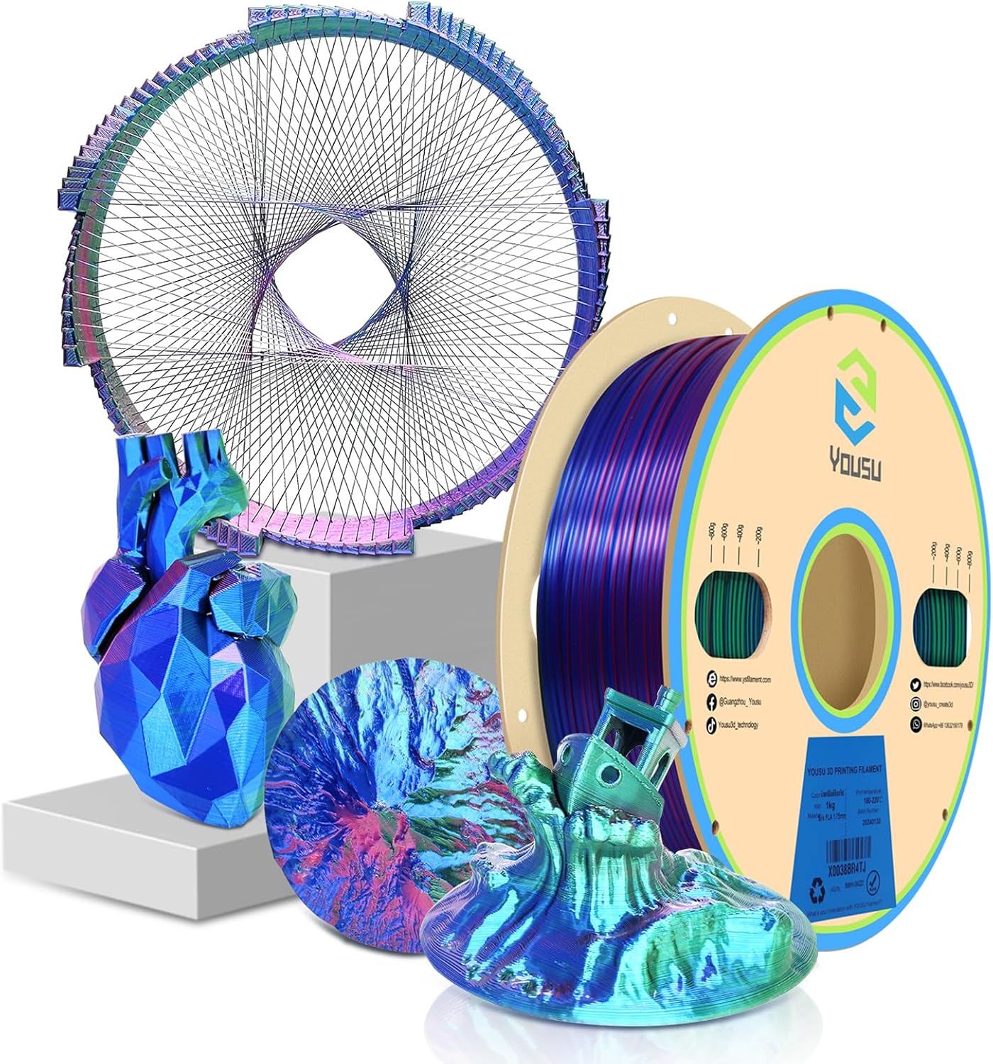 YOUSU 3D Printer Filament Triple Color Silk PLA Filament 1.75mm,3D Printing Filament Coextrusion Rainbow Filament with Silk PLA,1kg/2.2lbs,Silk Rose red/Blue/Green.