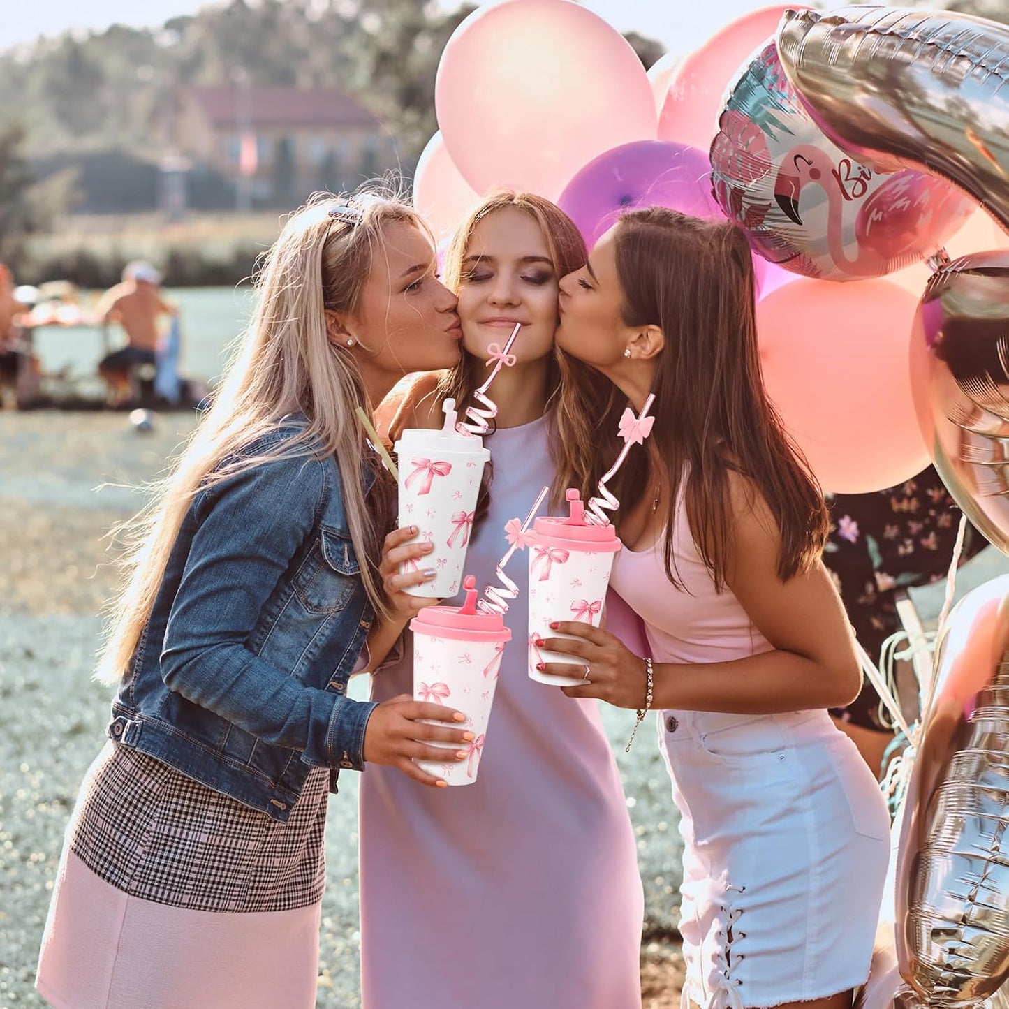 Yungyan 16 Sets Pink Bow Party Favors Goodie Cups with Lids and Straws for Birthday Coquette Party Decorations Reusable 16oz Plastic Candy Cups Plastic Straws for Christmas Decor(Pink Bow)