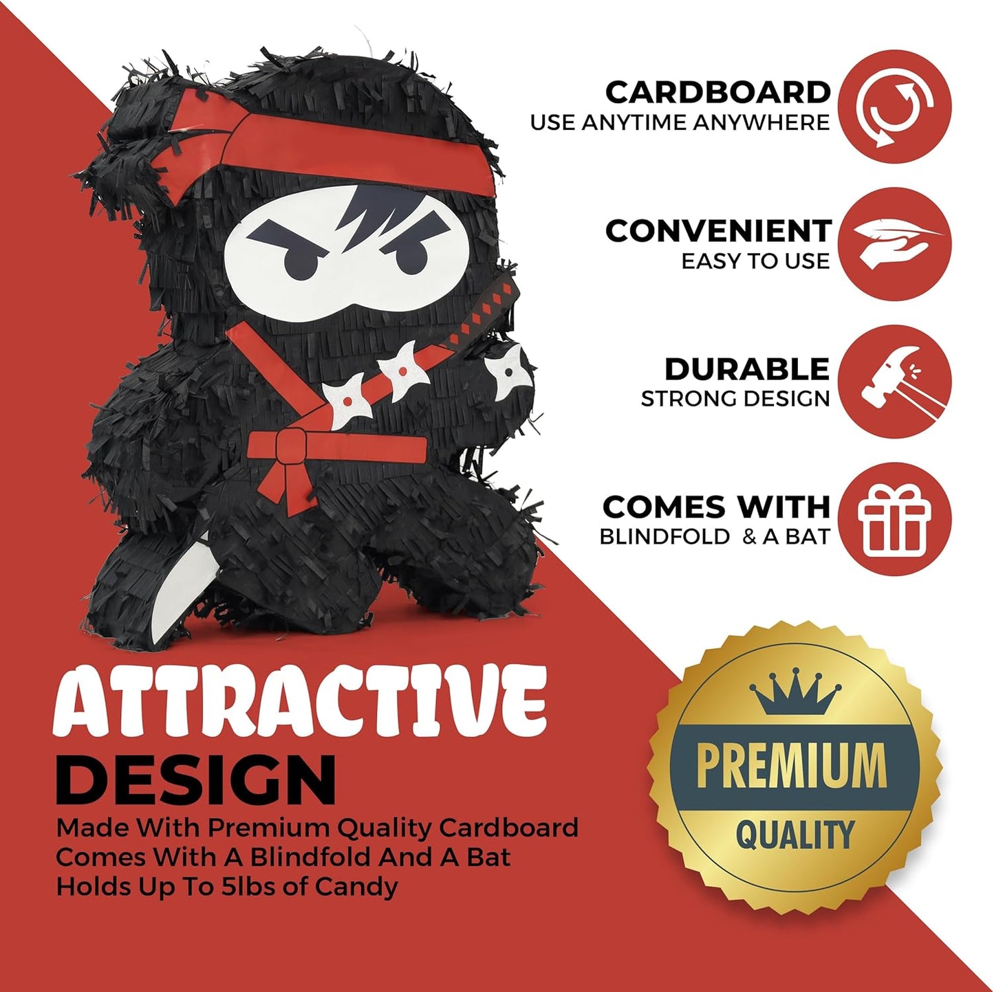 Ninja Pinatas Bundle with a Blindfold and Bat (16.5x12.6x4 Inches), Perfect for Birthday Parties, Theme Parties for boys, Decorations