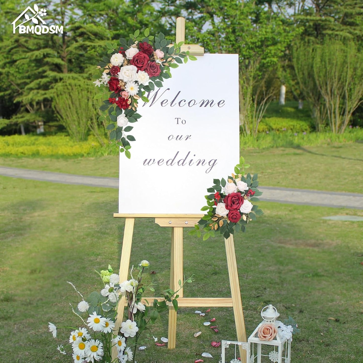 Pack of 2 Artificial Flowers for Backdrop Decoration, Wedding Arch Flowers,Reception Welcome Sign, Eucalyptus Garland, Suited to Aisle Decor and Wedding Arches (Red White)