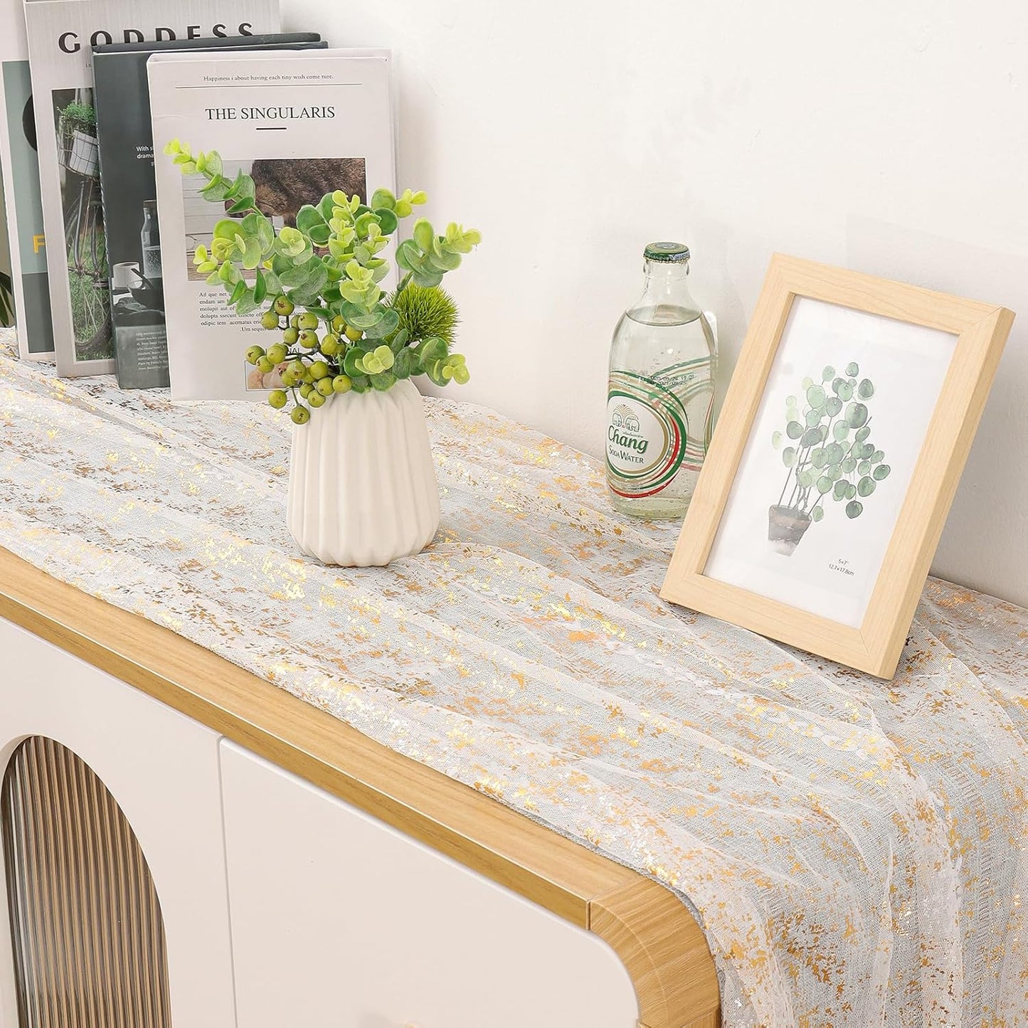 LOMOHOO 10 Ft Gold Table Runner, Golden Sheer Sequin Table Runners 120 Inches Long Glitter Metallic Foil Lace Fabric Table Decor for Birthday Party Wedding Anniversary Centerpiece (2pcs)