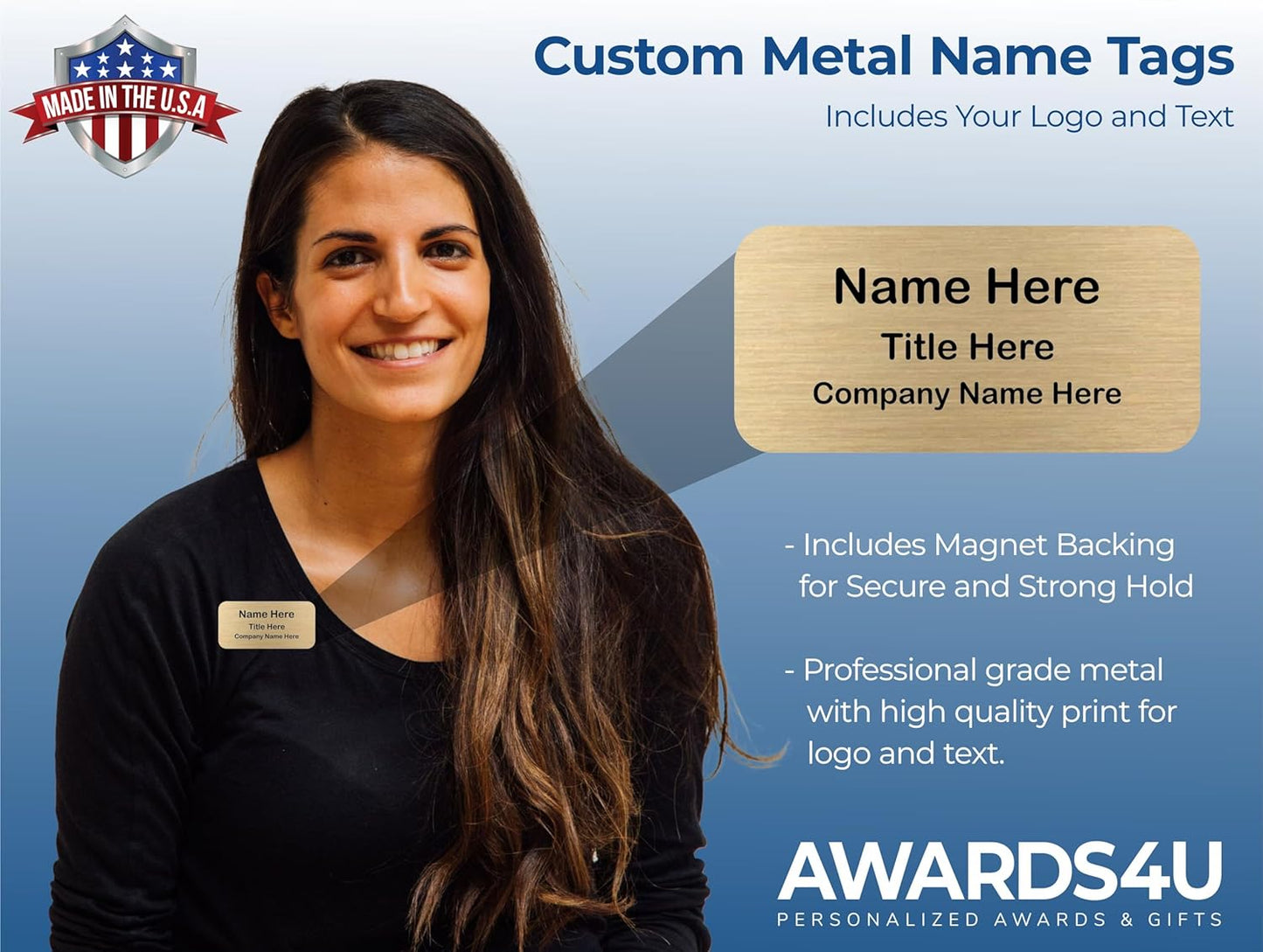 Custom Name Tag - Personalized Name Badge with Magnet Backing - Choose Your Size and Color (Gold Metal 3"x1.5" - No Logo)