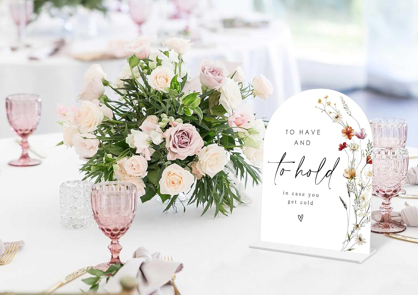 Boho Floral Wedding Blanket Sign, 6 x 8 Inch White Arch Acrylic Wedding Sign with Holder, Wedding Sign for Ceremony and Reception, Wedding Decoration, Wedding Supplies - BX30