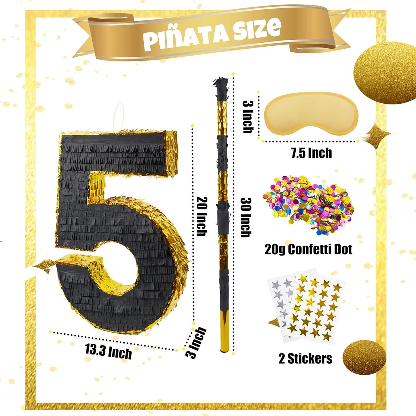 PCFING 20 Inch Number 5 Piñata Gold Black with 30 Inch Piñata Stick Blindfold Confetti for Man Women Boys Girls Birthday Party Decorations, Anniversary Celebration, Fiesta