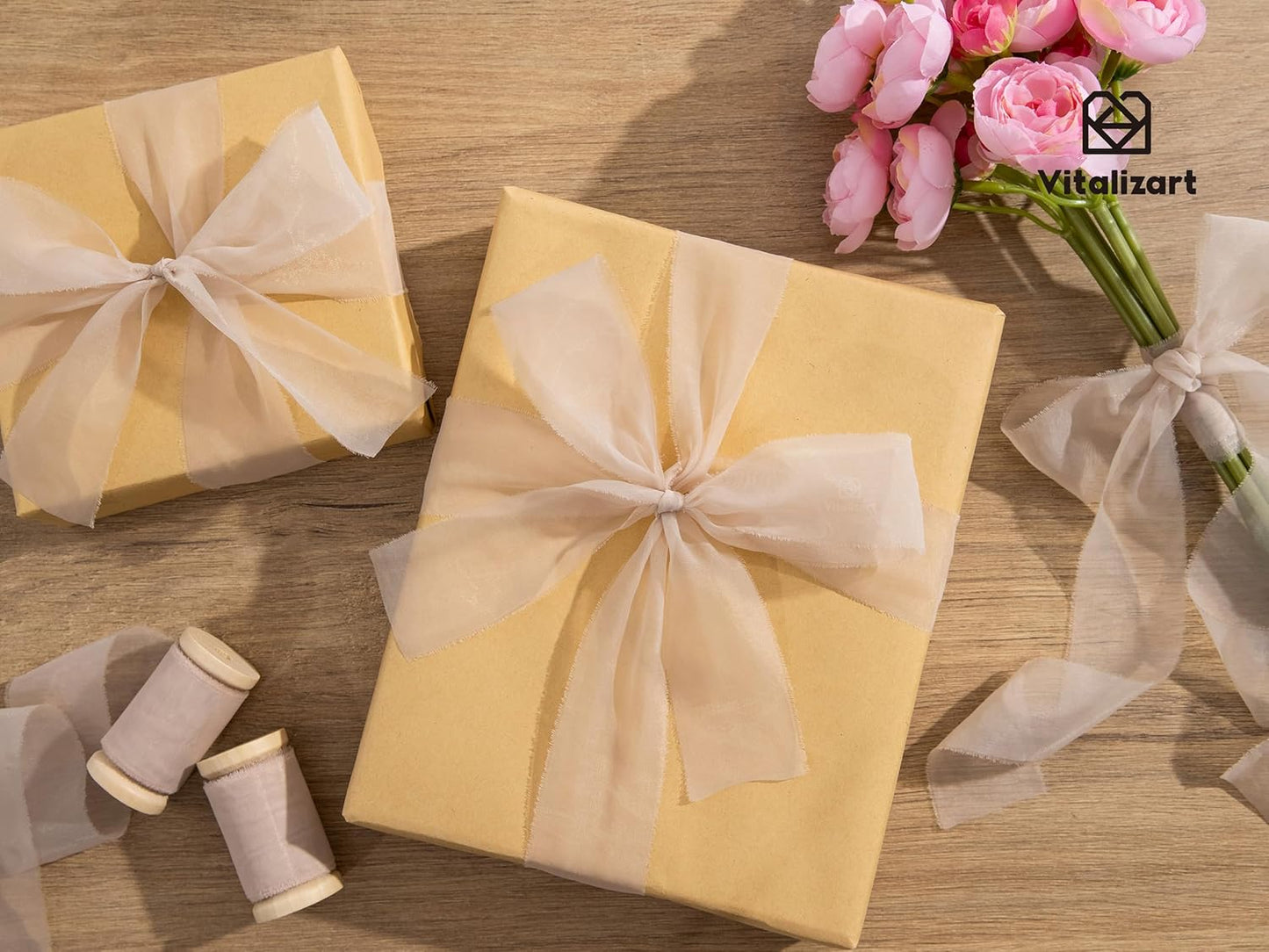 Vitalizart Pink Organza Ribbon Frayed Sheer Organza 1.5" Silk Like Ribbons for Valentines Day Gift Wrapping Craft Flower Bouquet Wedding Invitations Mesh Fabric Blush Light Pink 15 Yards