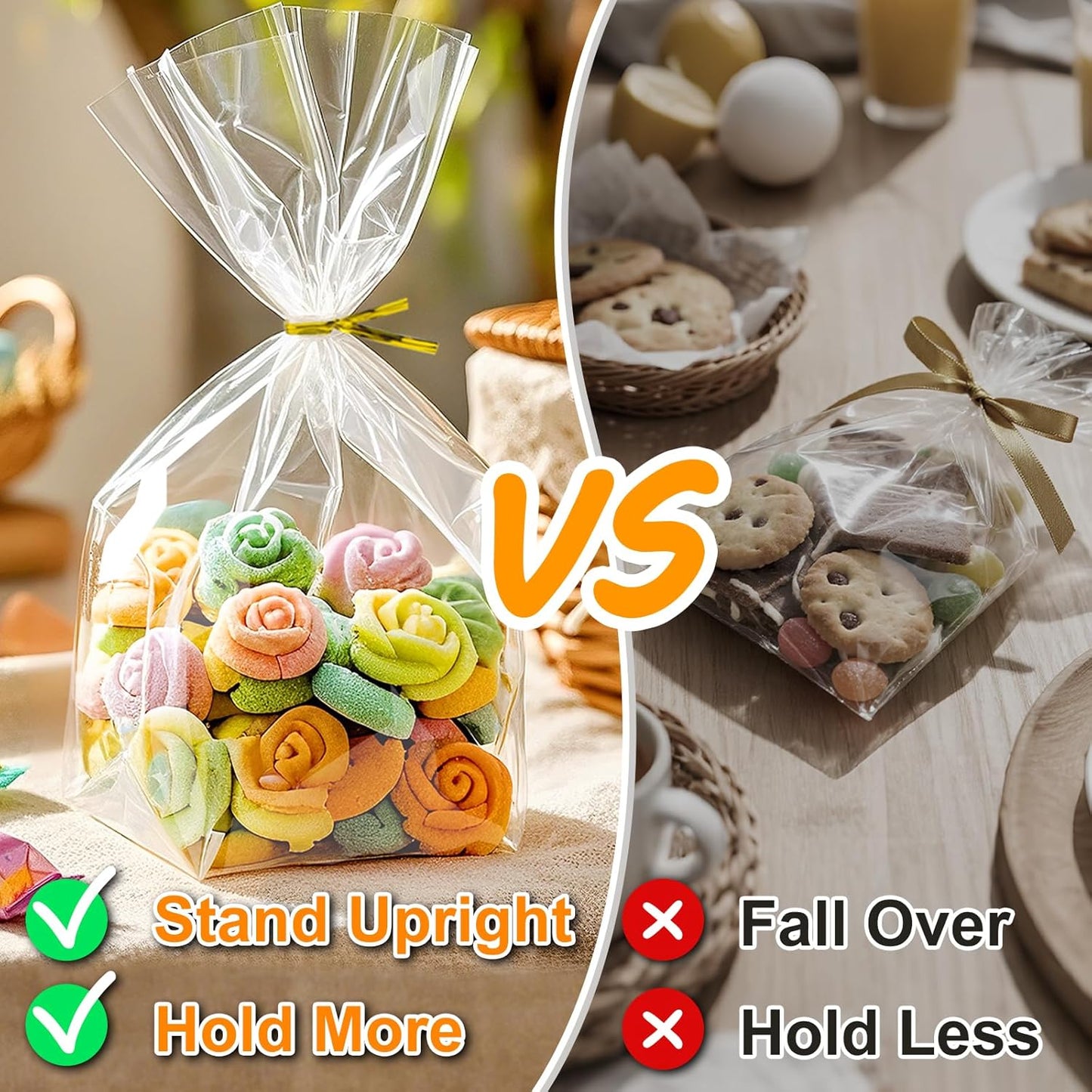 PigPotParty Cellophane Treat Bags 7"x10", 50 Pack Clear Goodie Bags, 3.2" Bottom Gusset for Stand-Up Display, Small Plastic Gift Wrap for Cookies, Candy, Party Favors, Popcorn, Includes 50 Gold Ties