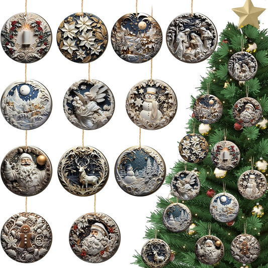 Suzile 36 Pcs Christmas Wooden Ornaments Vintage Christmas Decoration White Sculpture Hanging Decor Retro Round Santa Claus Snowman Tree Decoration for Farmhouse Xmas Home Wreaths Winter Party