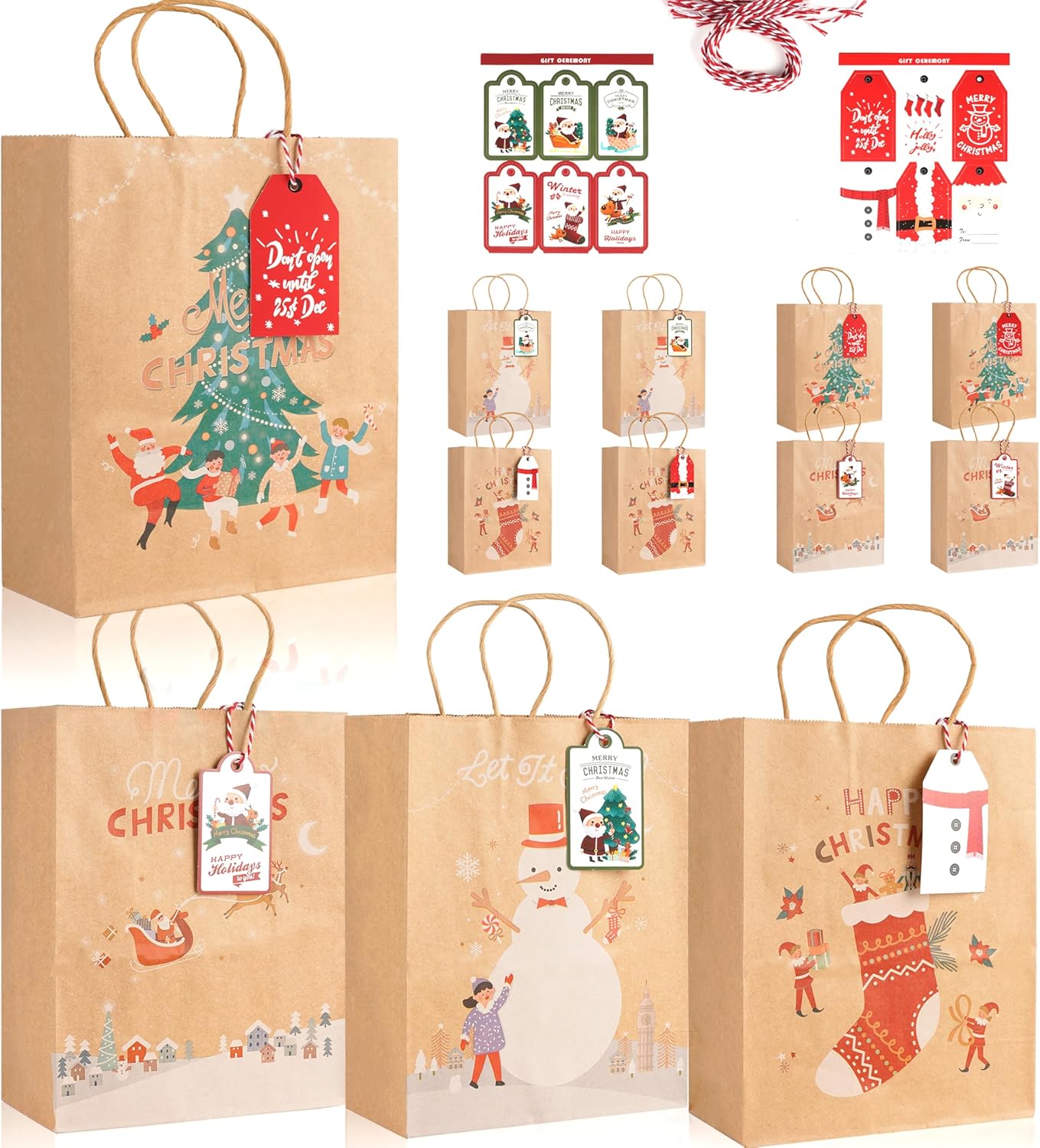 LYLIN 12Pcs Kraft Christmas Gift Bags with Handles, Small Xmas Treat Bags Reusable Gift Bags for Wrapping Gifts, Party Favors and Holiday Decor