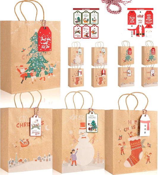 LYLIN 12Pcs Kraft Christmas Gift Bags with Handles, Small Xmas Treat Bags Reusable Gift Bags for Wrapping Gifts, Party Favors and Holiday Decor