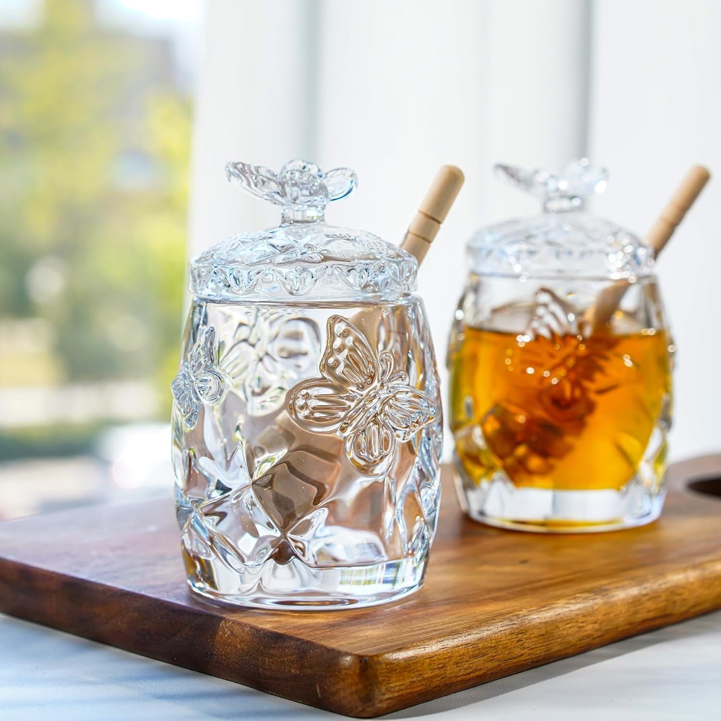kanpura Clear Crystal Honey Jar with Dipper and Lid, Honey Bee Pot, 4.5oz Glass Honey Pot for Home Kitchen