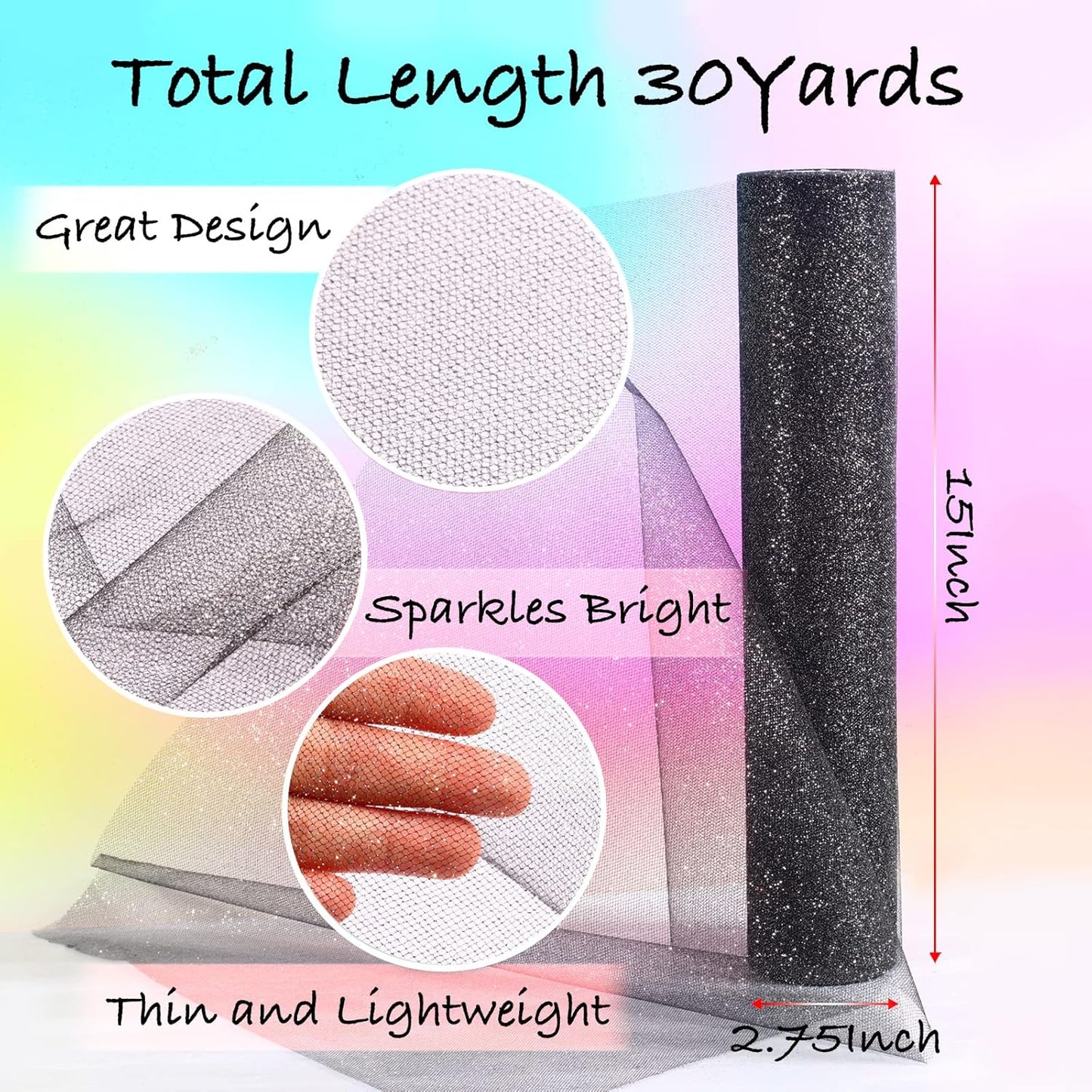 ICOSHOW Sparkling Tulle Rolls, 15” by 30 Yards (90FT) Glitter Tulle Spool Ribbon Fabric for Wedding Birthday Bridal Shower Tutu Skirt Party Gift Wrapping(Black)