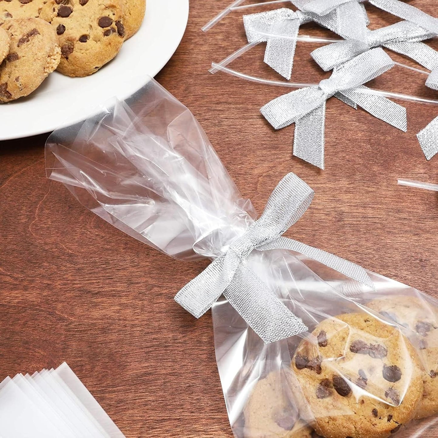 Bright Creations Mini Silver Ribbon Bows - 3-Inch, Silver, 100 Count, Polyester Satin - Twist Tie Bows for Treat Bags, Party Favors & Crafts