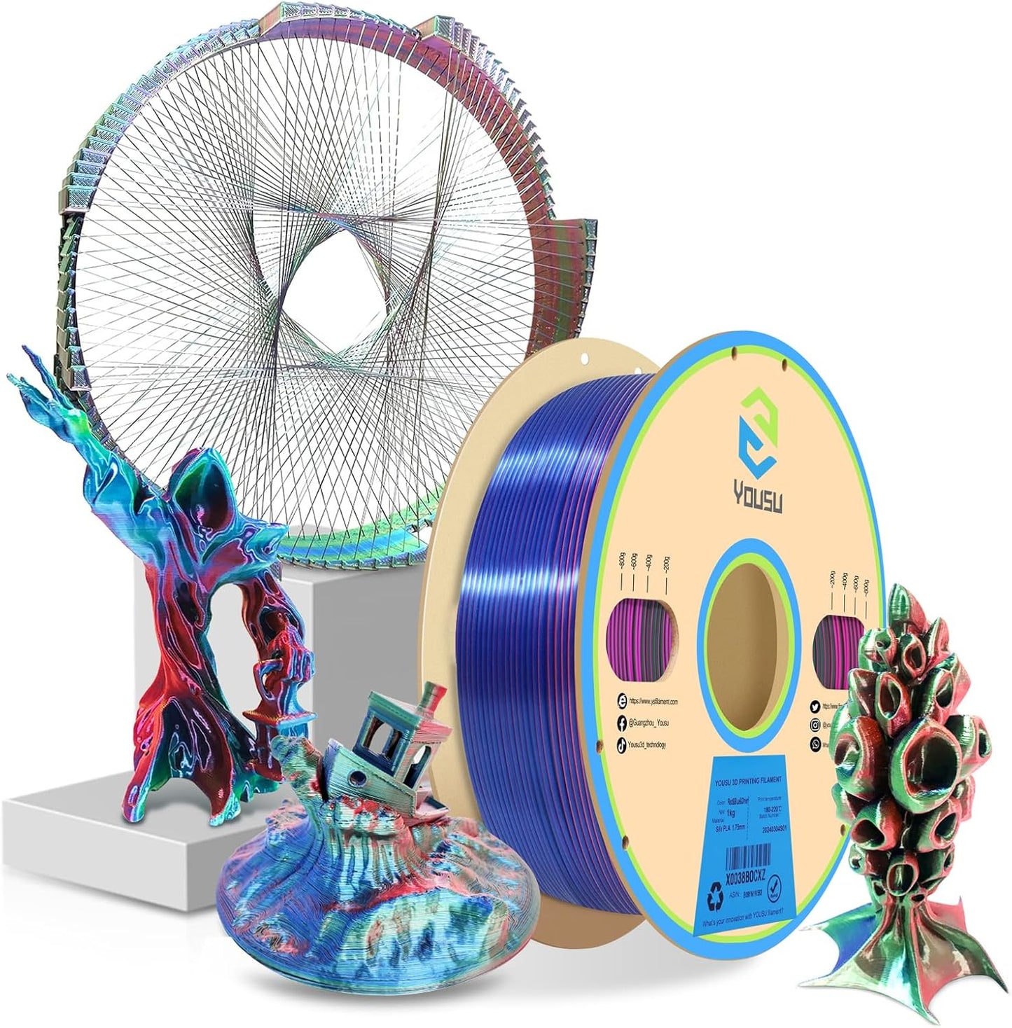 YOUSU 3D Printer Filament Triple Color Silk PLA Filament 1.75mm,3D Printing Filament Like Rainbow Filament,1kg/2.2lbs,Silk Red/Blue/Green.