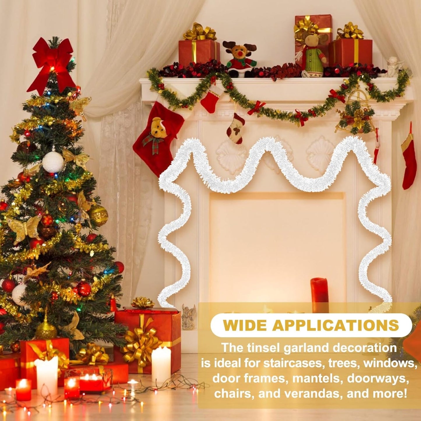 50 Feet Macaron White Christmas Tinsel Garland, Metallic Foil Twist Banner Wall Hanging Tinsel Streamers Backdrop for Parade Floats, Christmas, Mother's Day, Birthday Party Decorations(2in x 50ft)