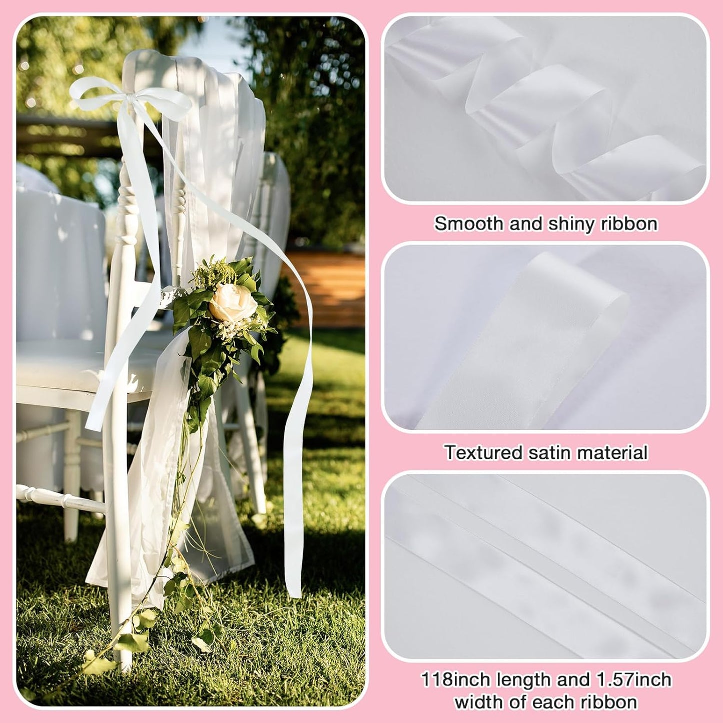 Big Bow with 24 Pcs Chair Ribbon Wedding Aisle Decorations, 78x18 inch Giant Bow for Backdrop Detachable Bow for Dress, Pew Bows Sashes for Chair Wedding Ceremony Outdoor Party (White)