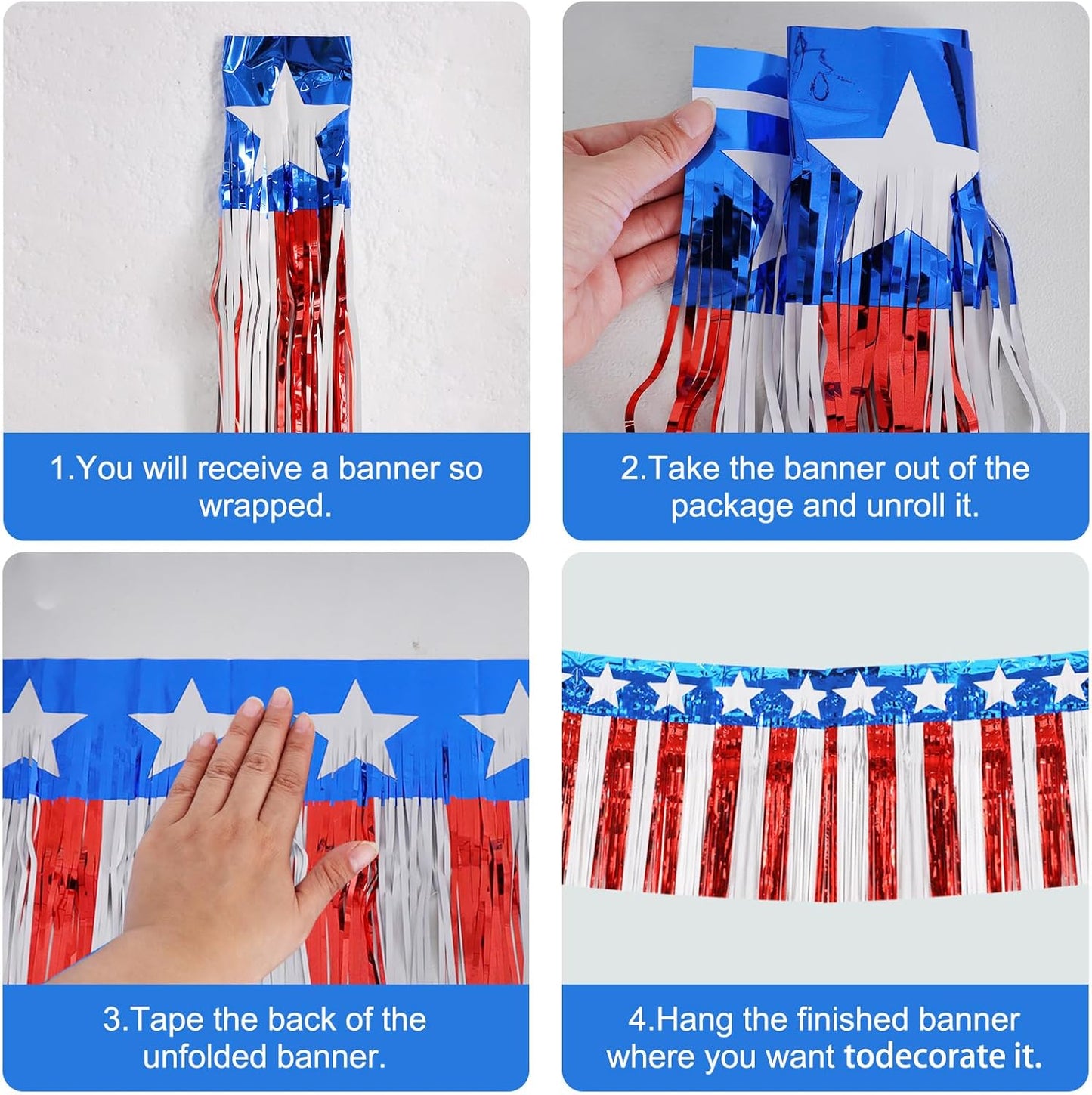 BEISHIDA 3 Packs Metallic Foil Fringe Garland Star Red White Blue Wall Hanging Tinsel Fringe Banners for Car Floats 4th of July Memorial Day Patriotic New Year Party Decoration(30 Feet)