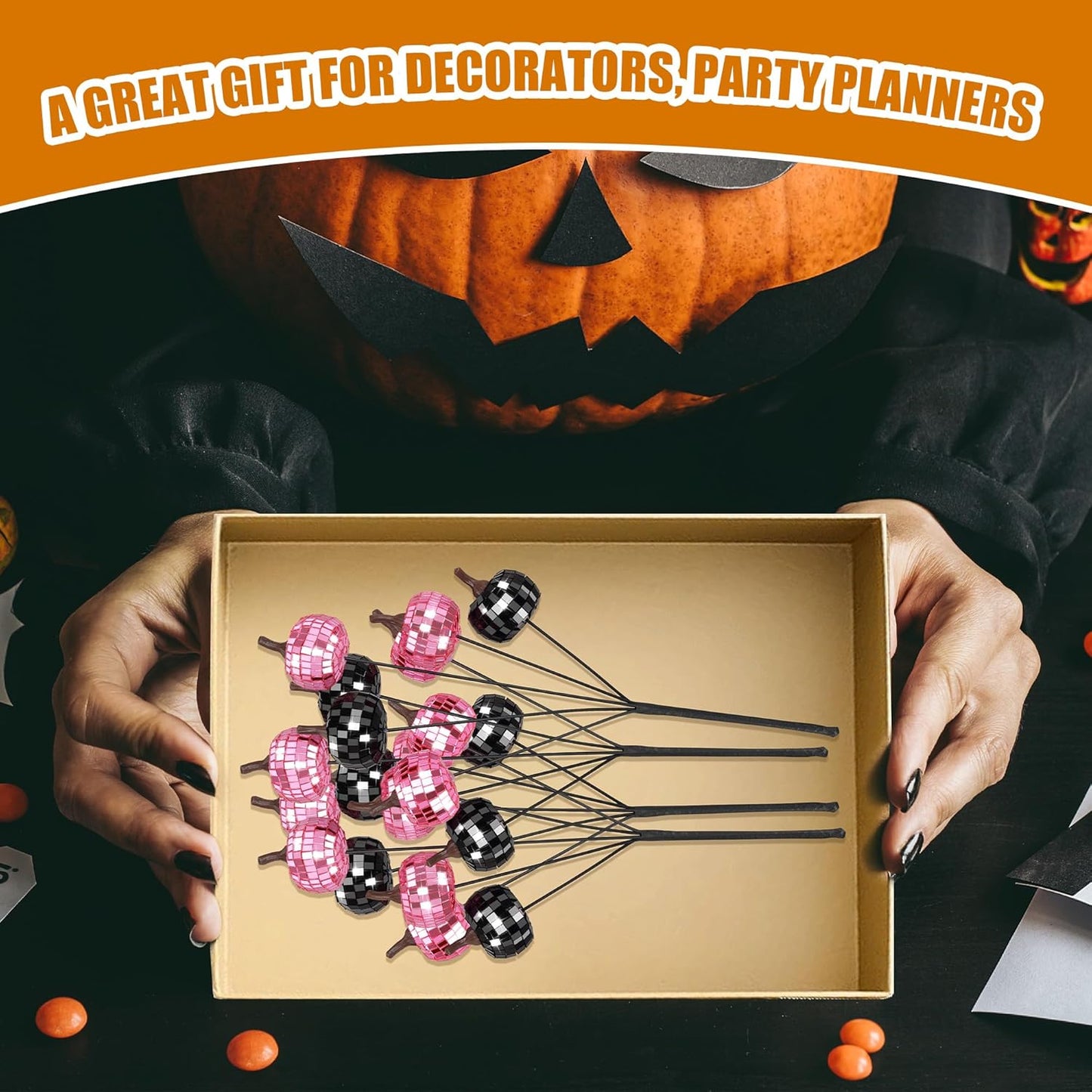 20Pcs Disco Halloween Decor, Disco Pumpkin Table Decoration, 14 Inch Artificial Glitter Mirror Pumpkin Sticks Ornament Halloween Branches for Table Centerpiece Party Decor