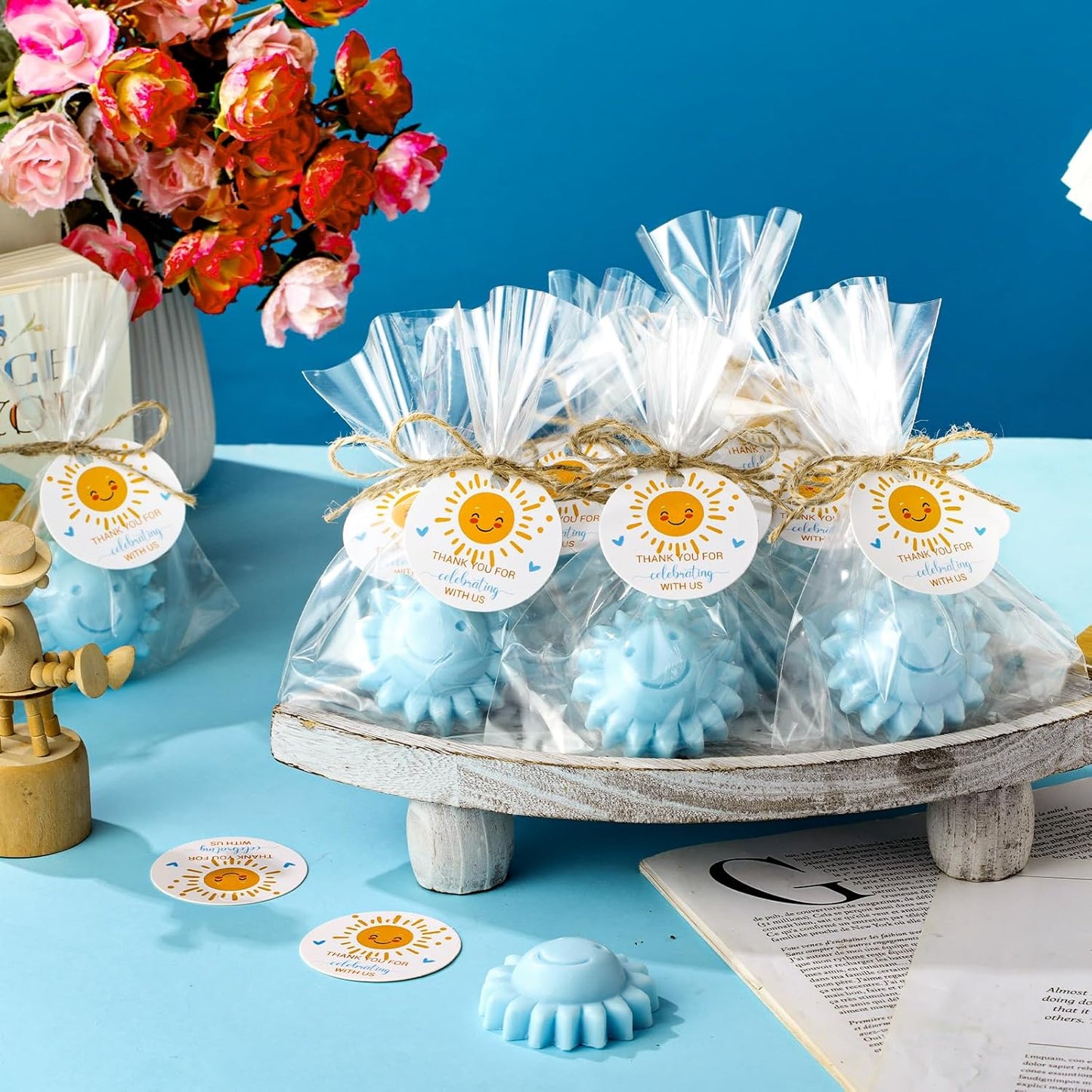 Demissle 20 Pcs Sun Soap Baby Shower Favors for Sunshine Party Here Comes the Son Baby Favors Mini Handmade Soap Gifts with Thank You Card for Guest Gender Reveal Party Decor(Blue)
