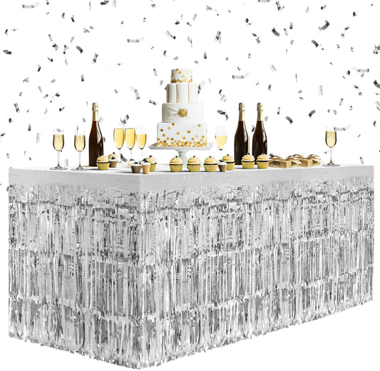 2 Pack Silver Table Skirts, 29x108" Metallic Foil Tinsel Fringe Table Skirts for Rectangle Tables Streamer Curtains Backdrop, Party Decorations for Birthdays Weddings Holidays