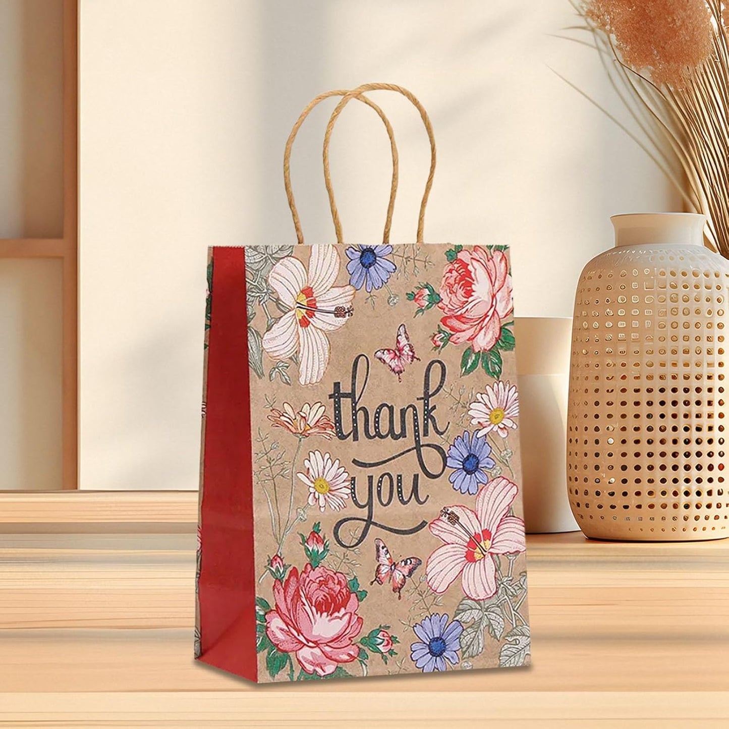 piqiya 24pcs Vintage Floral Gift Bags,Thank You Kraft Paper Bags with Handles for Friend Teacher Mom,Colorful Flower Pattern Bag for Gifting,Birthday,Gratitude,Party Goody Treat Bag