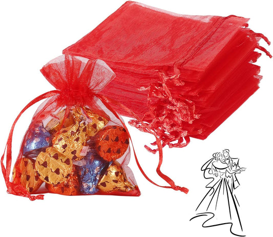 YQL Organza Bags 3x4,100PCS Red Mini Drawstring Bags Organza Jewelry Pouches Wedding Party Valentine Gift Mesh Candy Bag