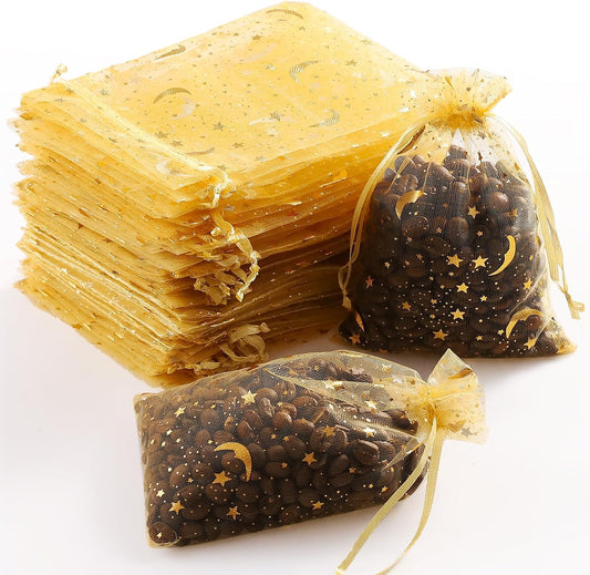 Hopttreely 100 Pieces Moon Star Organza Jewelry Candy Bags, 4x6 Inch Gold Organza Pouch Small Gift Bags with Drawstring for Christmas Party Favors Wedding Valentine's Day Eid Mubarak Party Favor Bags