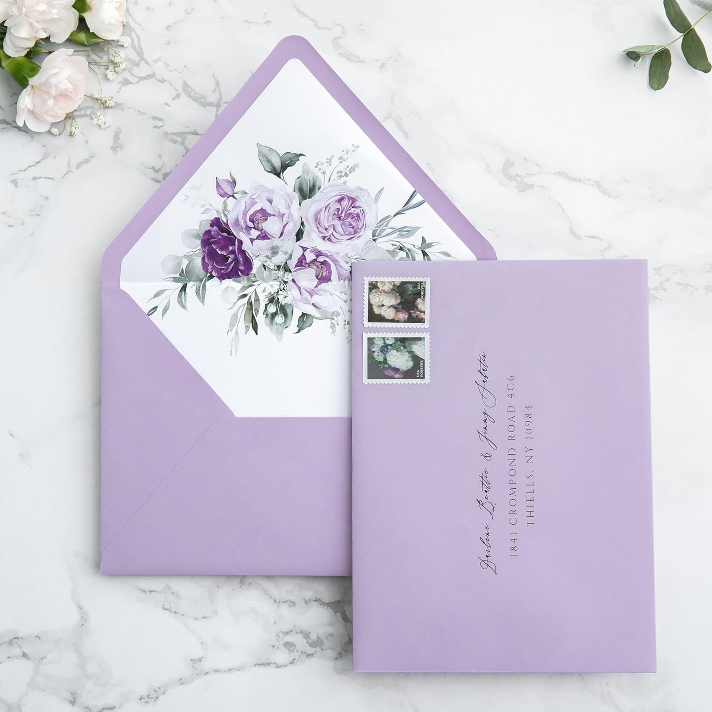 PONATIA 50PCS A7 Euro Flap Envelopes, 5.25 x 7.25'' Lilac Flowers Liner Envelopes for 5x7 Weddings Invitations, Photos, Postcards, Greeting Cards, Christmas Gift Cards, Acrylic Mailing