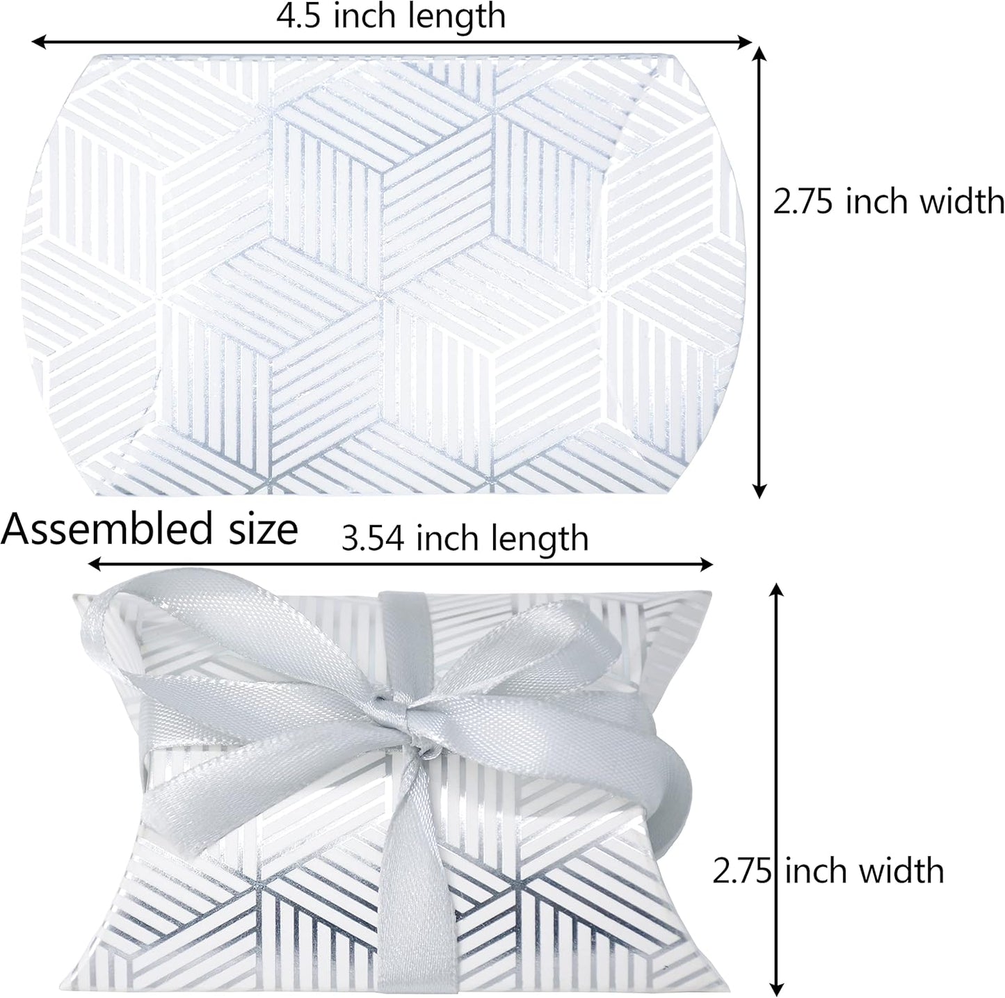 Aokbean 100 Pack Mini Pillow Candy Box Small Gift Boxes with 50 Yards Ribbon for Christmas Wedding Party Favor Gift, Jewelry or Soap Packaging (Silver Stripes)