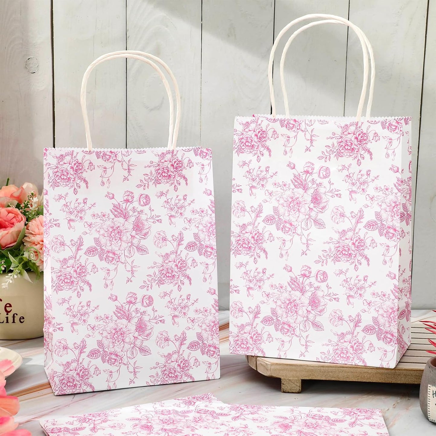 JarThenaAMCS 52Pcs Pink Floral Paper Gift Bag Vintage Wildflower Treat Bags with Handles Chinoiserie Candy Goodie Bags for Spring Summer Birthday Wedding Bridal Shower Party Favors Supplies