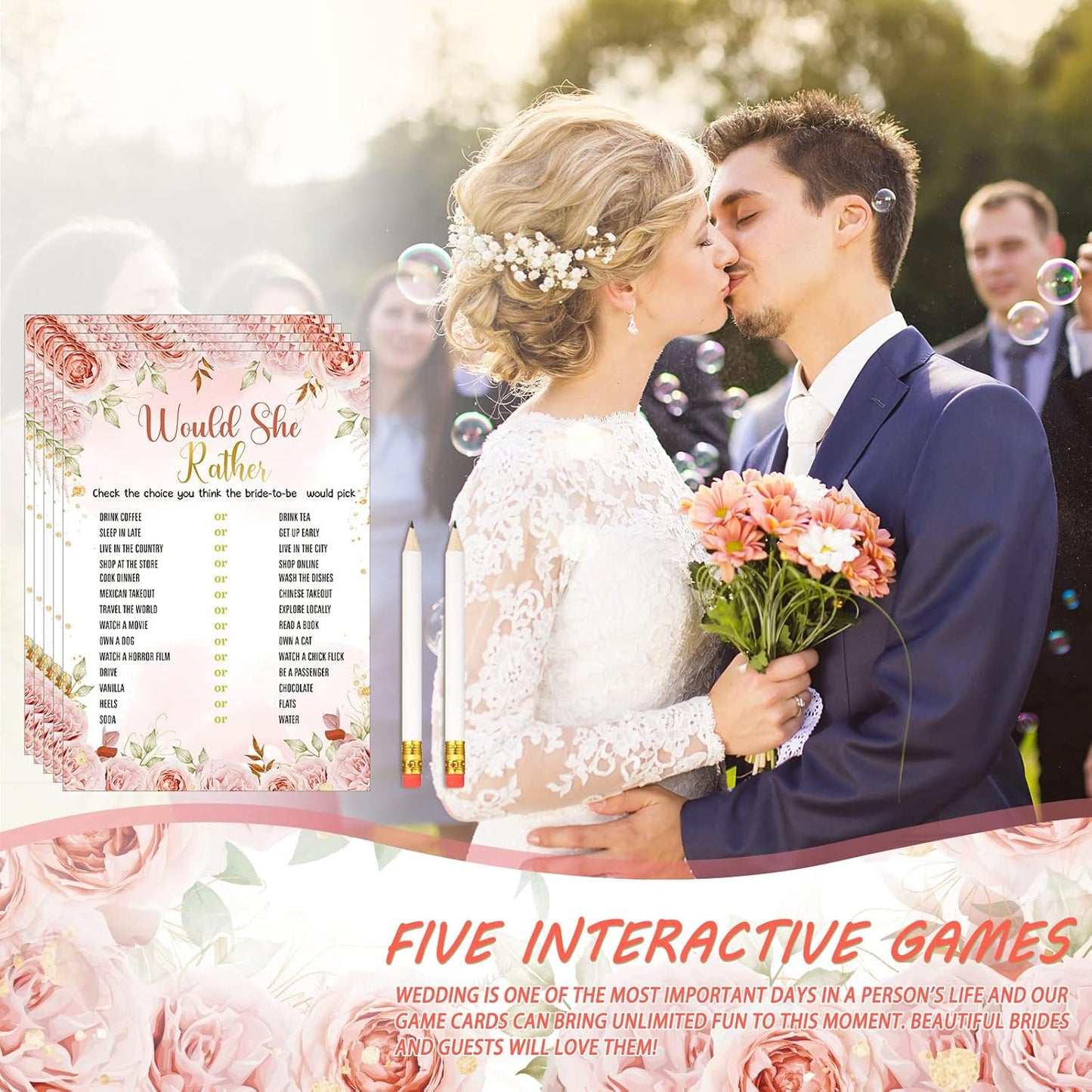 Teling 145 Pieces Bridal Shower Game Bridal Shower Favors Set Wedding Games Cards and Pencils for Bride Groom Bachelorette Party Wedding Party Favor(Pink Floral)