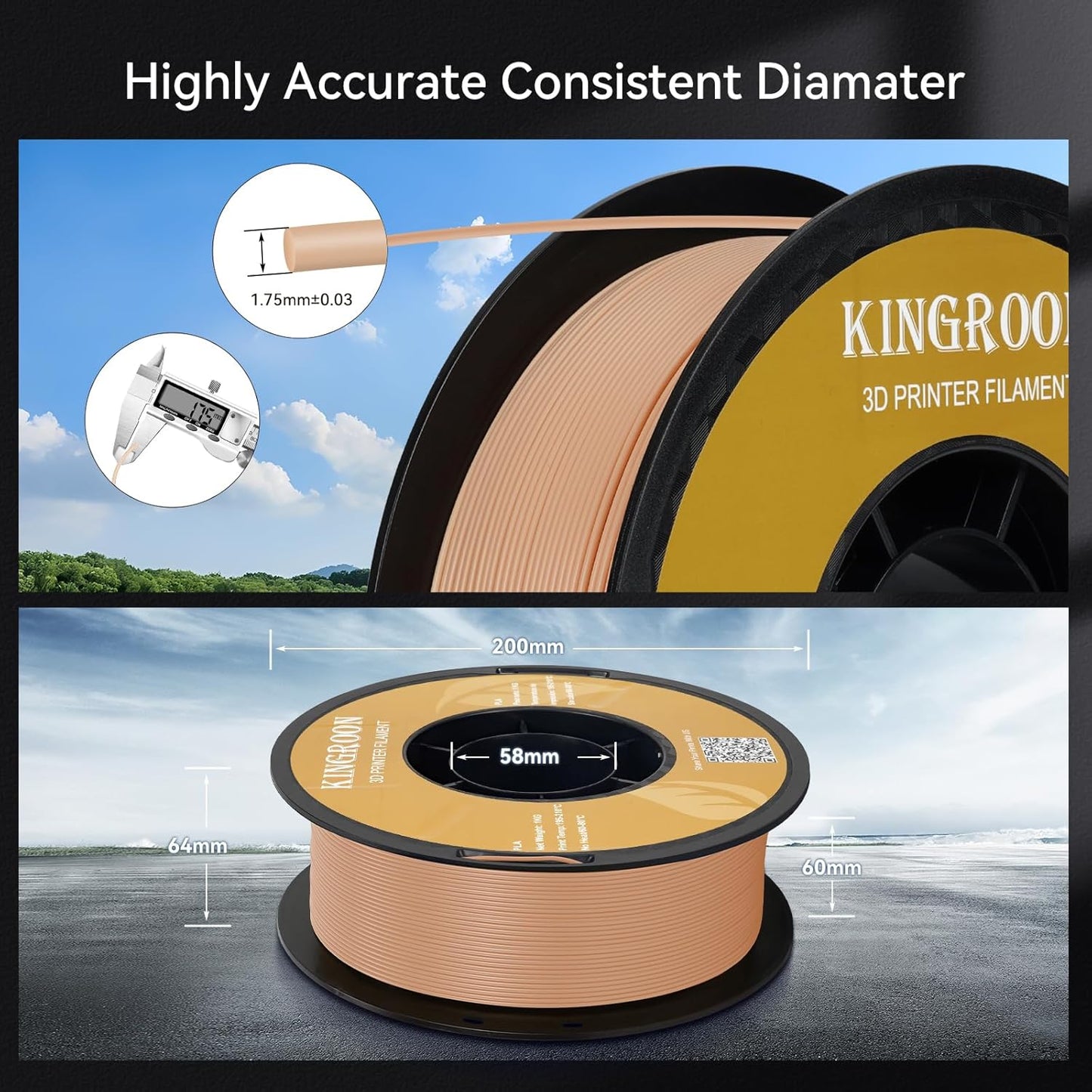 Kingroon PLA Filament 1.75mm 3D Printer Filament 1kg Pla Filament Dimensional Accuracy +/- 0.02mm, Fit Most FDM Printer,Skin