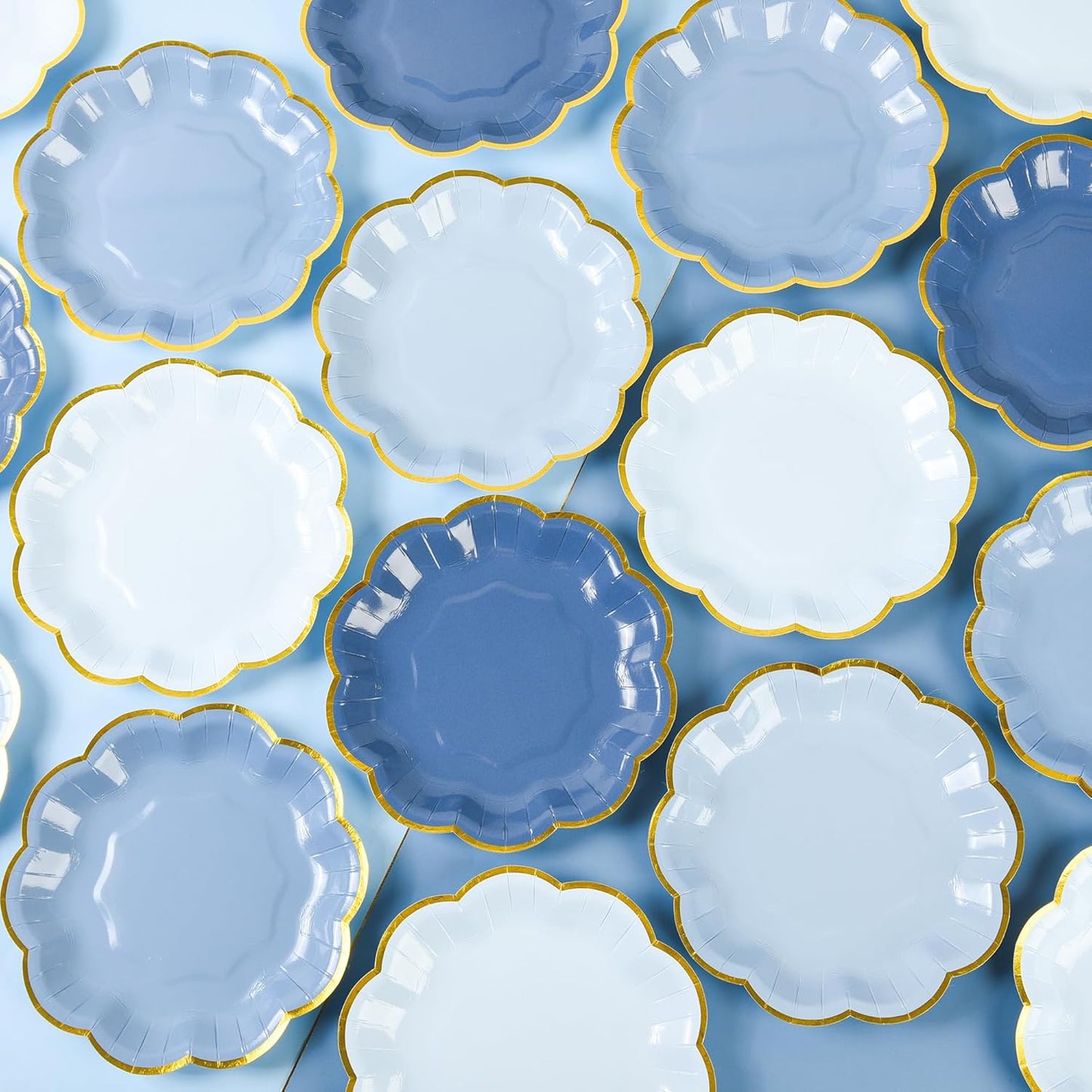 Dusty Blue Party Plates Gradient Blue Dessert Paper Plates 7inch Gold Foil Scalloped Edge Disposable Cake Plates for Tea Party Birthday Bridal Baby Shower Wedding Party Supplies (48)