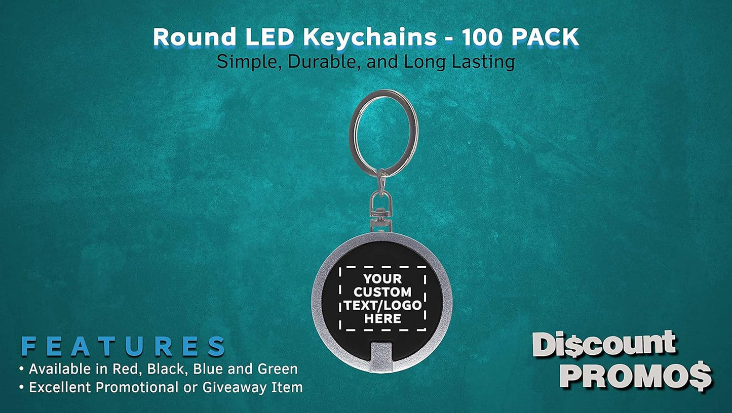 DISCOUNT PROMOS 100 Round LED Keychains - Customizable Text, Logo - Battery included, Plastic - Black