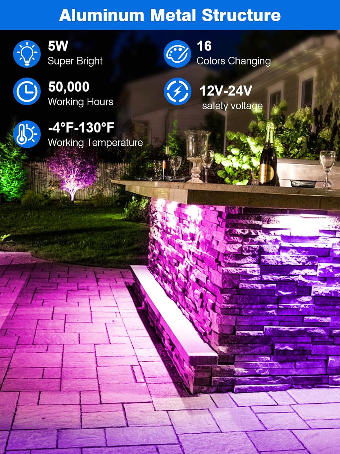 5W RGB Retaining Wall Lights 7 inch LED Hardscape Lighting Color Changing Low Voltage Landscape Paver Lights 12V 24V Step Lights Outdoor IP66 Waterproof Stair Lighting (2 Pack+Connectors)