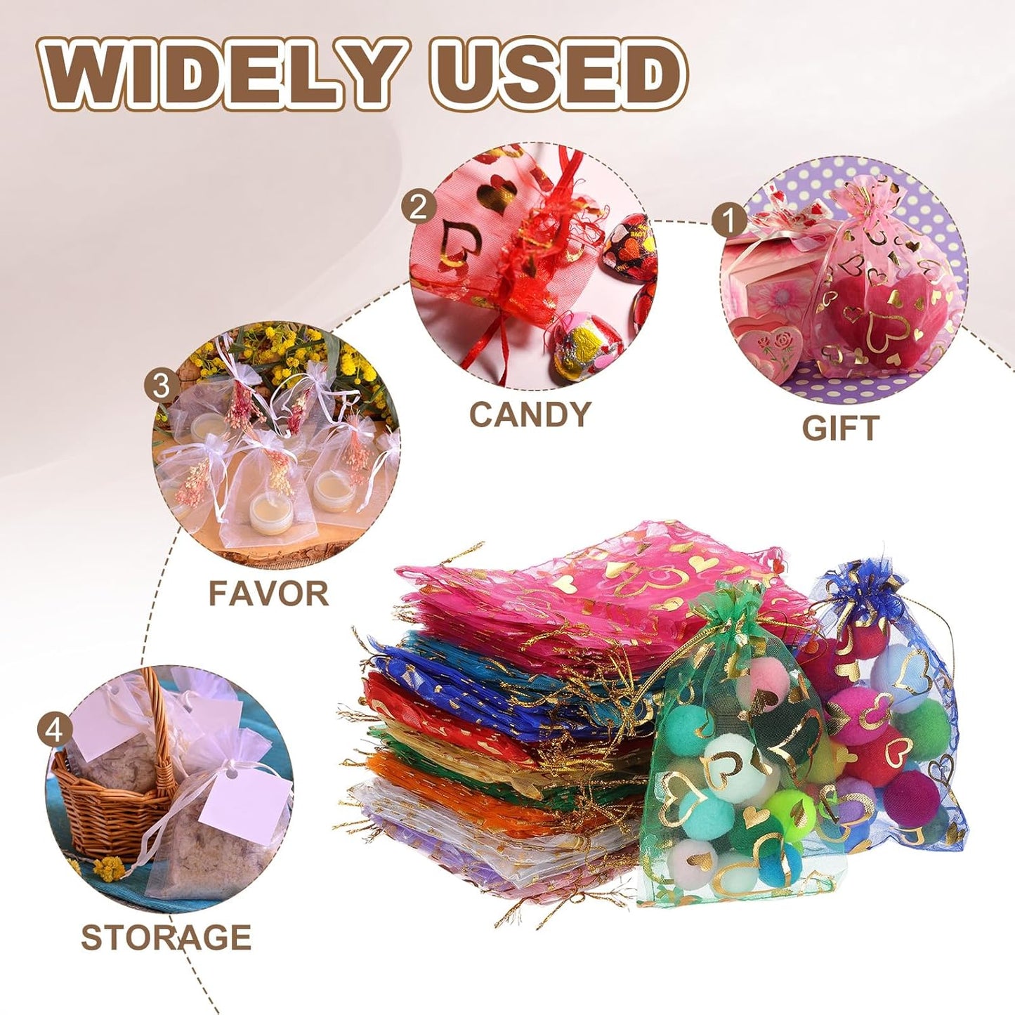 PATIKIL 100 Pcs 4x6 Inch Heart Printed Organza Bags, Pink Sheer Heart Organza Bags with Drawstring for Christmas Candy Jewelry Party Wedding Favor Gift