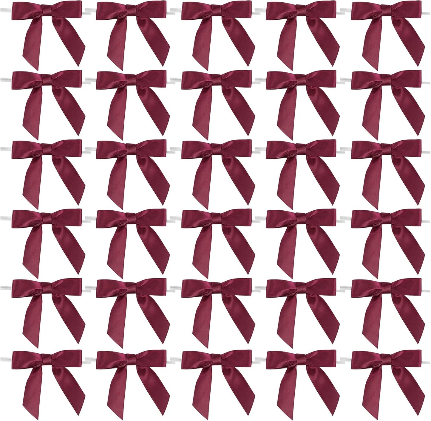 AIMUDI Burgundy Twist Tie Bows 2.5" Pre Tied Maroon Bows Premade Satin Gift Bows for Crafts Wine Bows for Treat Bags Gift Wrapping Wedding Baby Shower Party Favors Christmas Tree Decor - 50 Counts