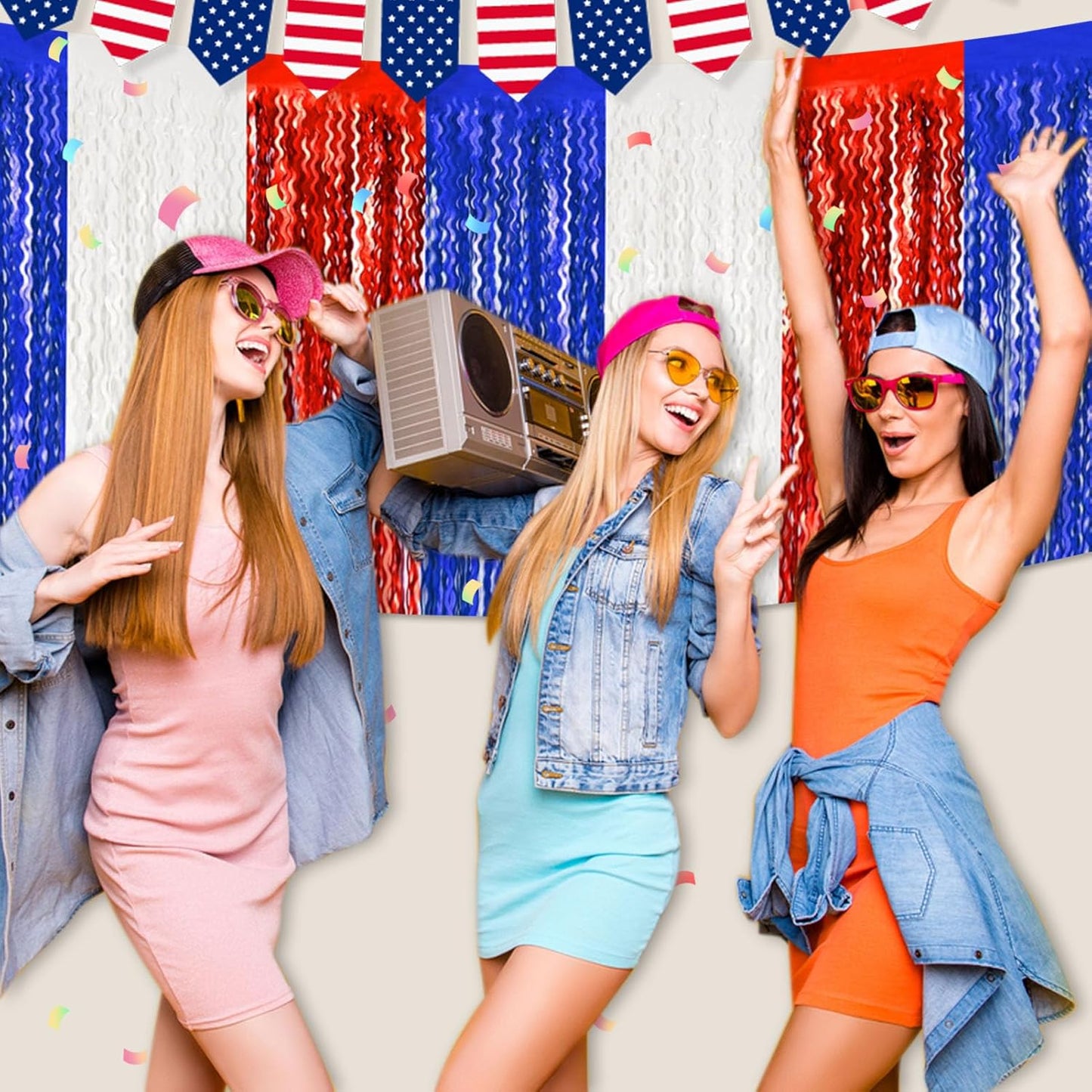 6 Pack 29x108 Inch White Blue Red Wave Foil Fringe Table Skirts Metallic Banner for Tinsel Streamer Garland Backdrop for Parade Floats Wedding, Mother's Day, Birthday Mardi Gras Party Decorations