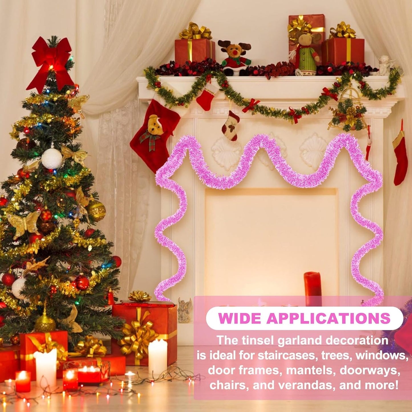 25 Feet Macaron Pink Christmas Tinsel Garland, Metallic Foil Twist Banner Wall Hanging Tinsel Streamers Backdrop for Parade Floats, Christmas, Mother's Day, Birthday Party Decorations(4in x 25ft)