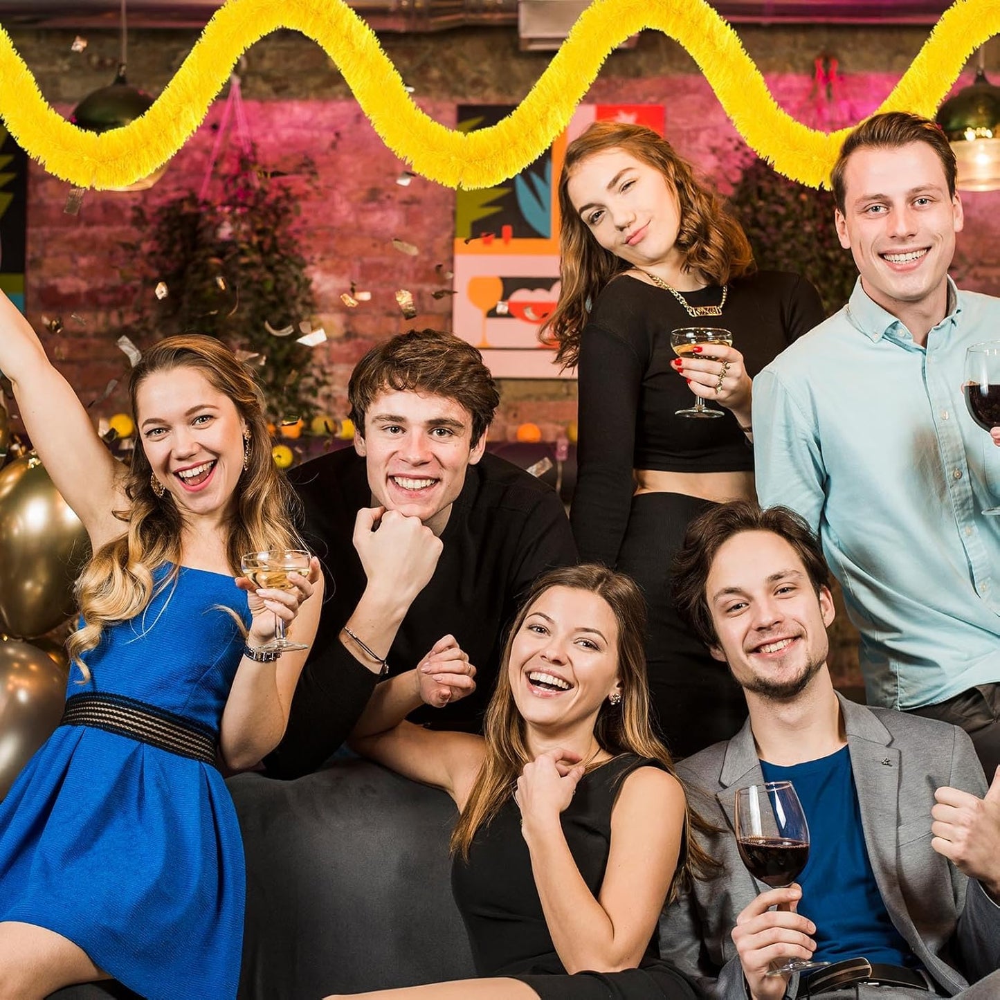 50 Feet Macaron Yellow Christmas Tinsel Garland, Metallic Foil Twist Banner Wall Hanging Tinsel Streamers Backdrop for Parade Floats, Christmas, Mother's Day, Birthday Party Decorations(2in x 50ft)