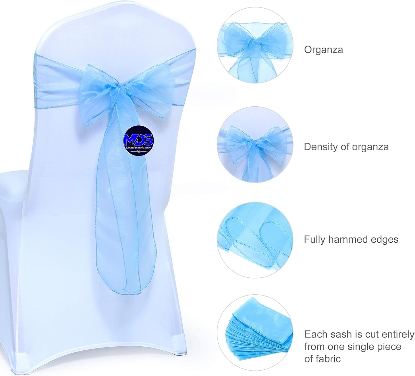 MDS Pack of 250 PCS Organza Chair Sashes Wider Dining Chair Bows Ribbon Tie Back for Wedding Party Birthday Bridal Shower Reception Event Banquet Home Chair Cover Decoration - Baby Blue