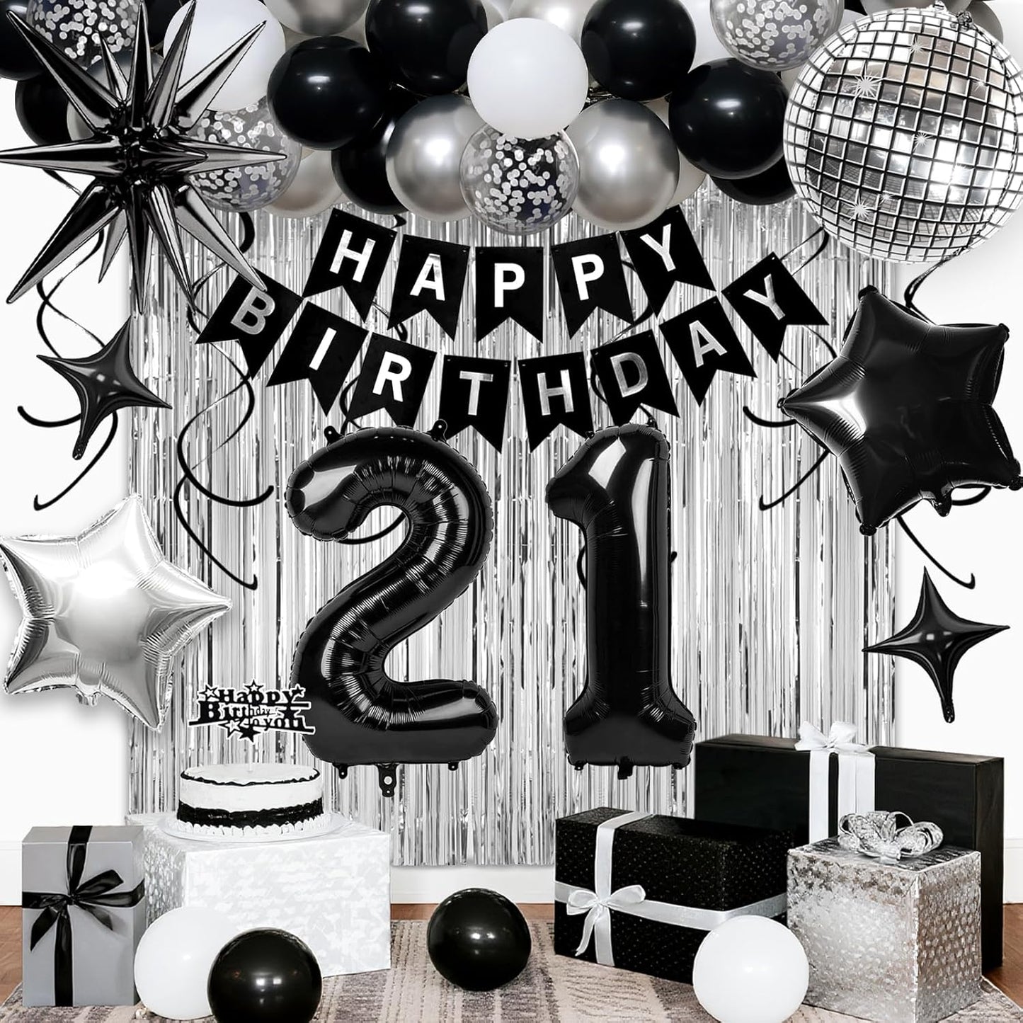 21st Birthday Decorations for Men Women, Black Silver Happy Birthday Party Decorations， 21 Year Old Party Supplies with Number 21 Balloons, Banner, Fringe Curtains Kit