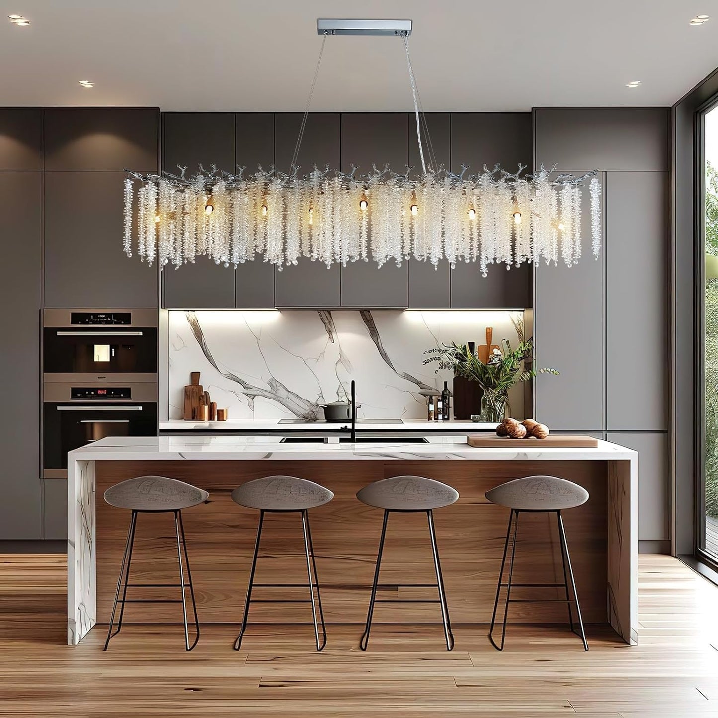 YUYI Modern Crystal Chandelier, 60" Silver Tree Branch Chandelier for Dining Room, Large Rectangular, Luxury High Ceiling Light Fixture for Living Room, Kitchen, Foyer