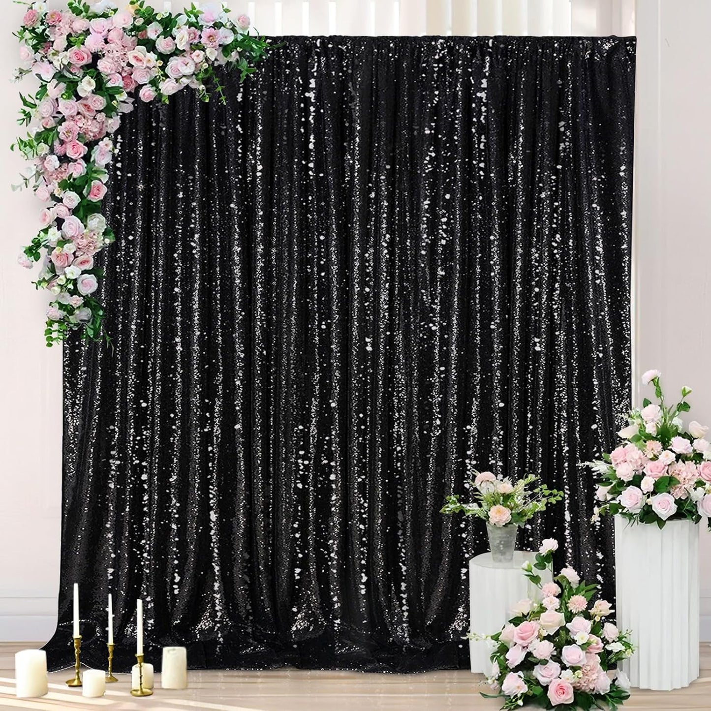 Black Backdrop for Halloween Decorations: Sequin Photo Curtains 10ft x 10ft Glitter Fabric for Wedding Party Baby Shower