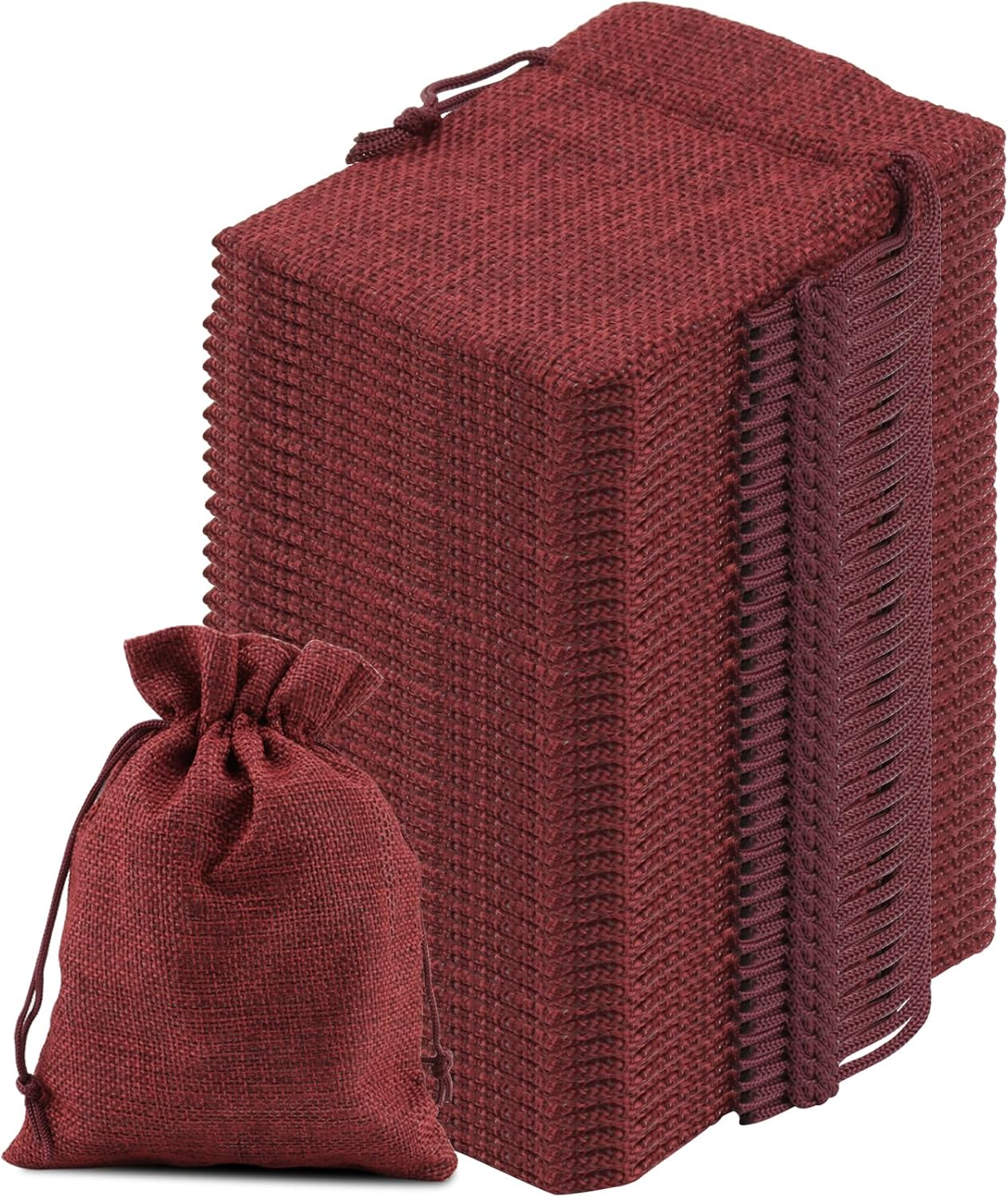 ZOENHOU 100 Packs 3 x 4 Inch Large Burlap Bags Bulk with Drawstring, Durable Wine Red Jute Drawstring Bags, Dustproof Burlap Sacks for Favors Party DIY Craft