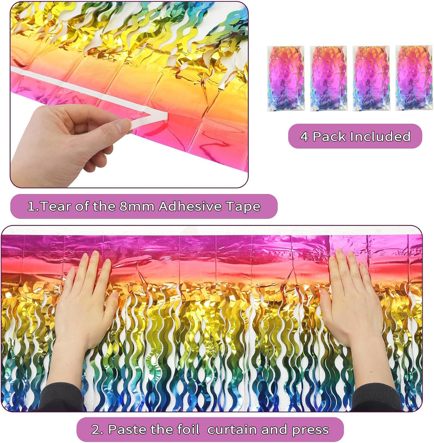 4 Pack Wavy Rainbow Foil Fringe Curtain | 3.3x6.6ft Colorful Tinsel Metallic Streamers Holiday Photo Booth Props Backdrop for Engagement Bridal Shower Unicorn Party Decorations