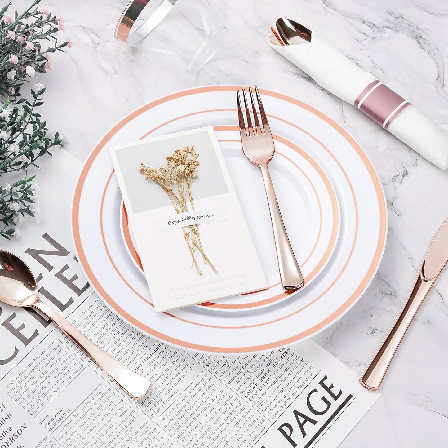 BESTVIP 175PCS Rose Gold Plastic Dinnerware Set, Disposable Party Plates for 25 Guests, Include: 50 Plastic Plates, 25 Pre Rolled Napkins with Rose Gold Silverware, 25 Cups for Christmas, Halloween