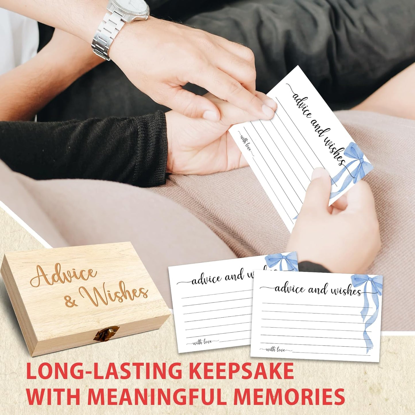 Advice and Wishes Cards Box, 50 Pcs Birthday Wedding Baby Shower Advice Cards, Well Wishes Box for Birthday Party Graduation Bridal Shower Retirement Party, Anniversary(Blue Bow) -A01
