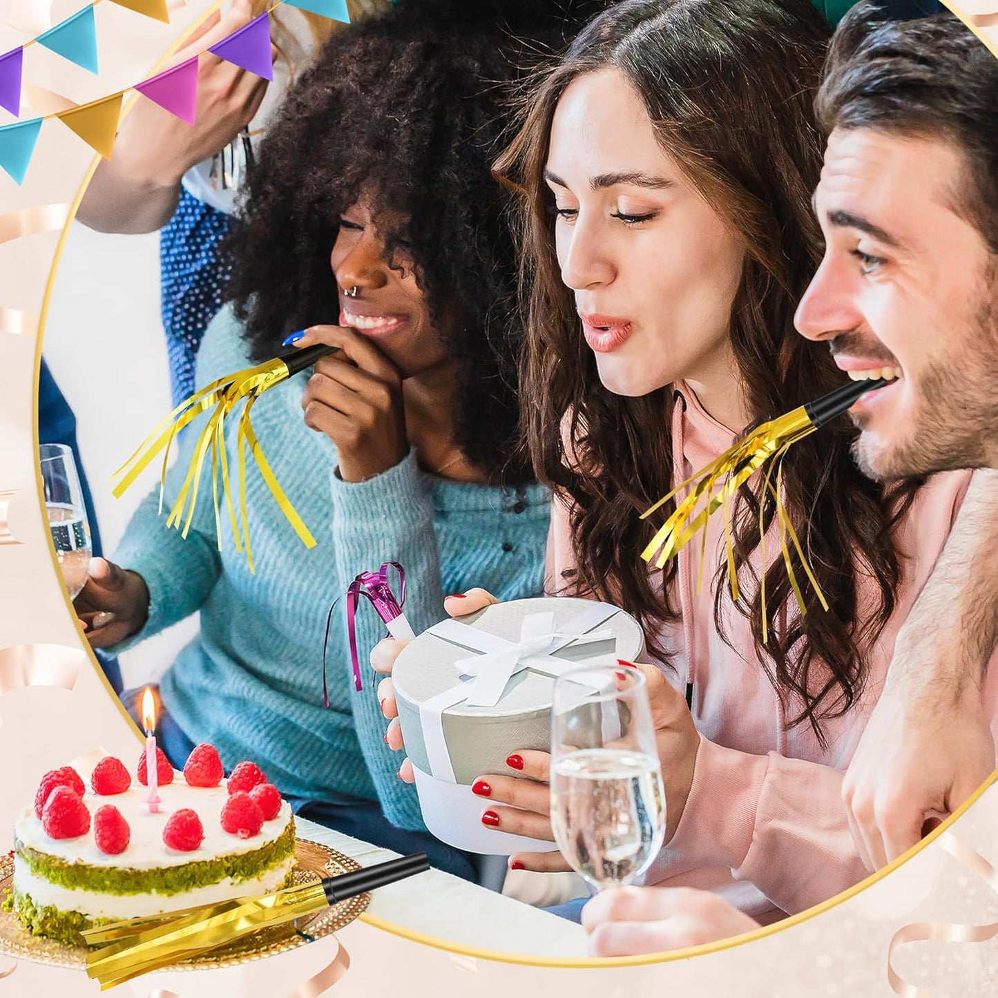 12 Pcs Glitter Noise Makers Metallic Fringed Party Blower for Adults Birthday Graduation New Years Party Favors Supplies (Gold)